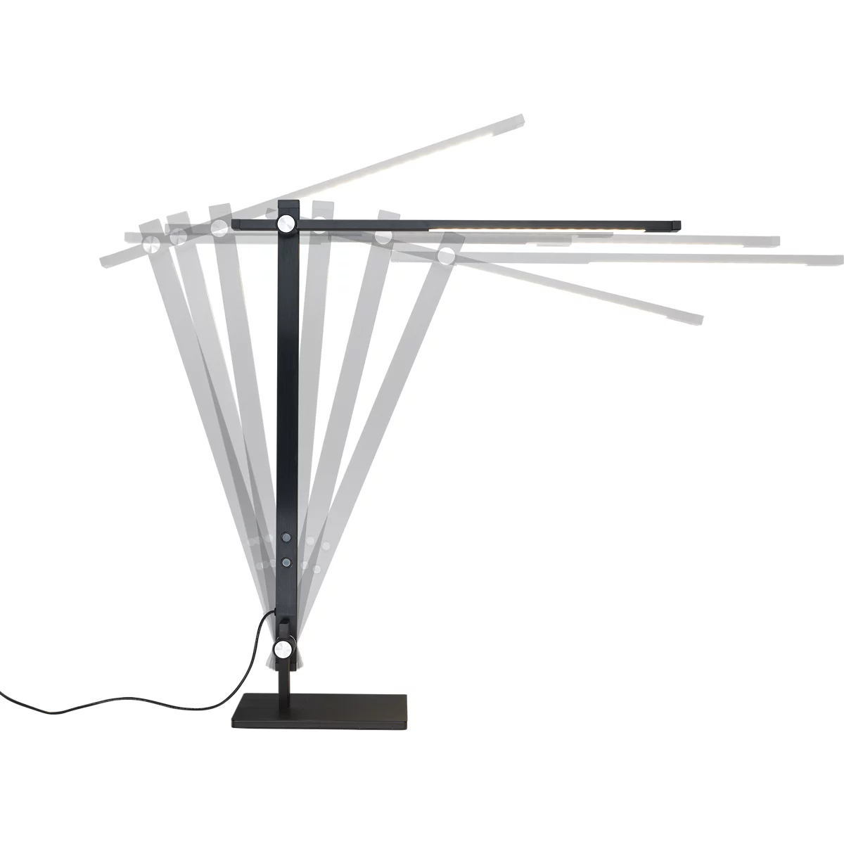Schwarze, verstellbare Schreibtischlampe mit Gelenkarmen, die verschiedene Einstellpositionen grafisch anzeigt.
