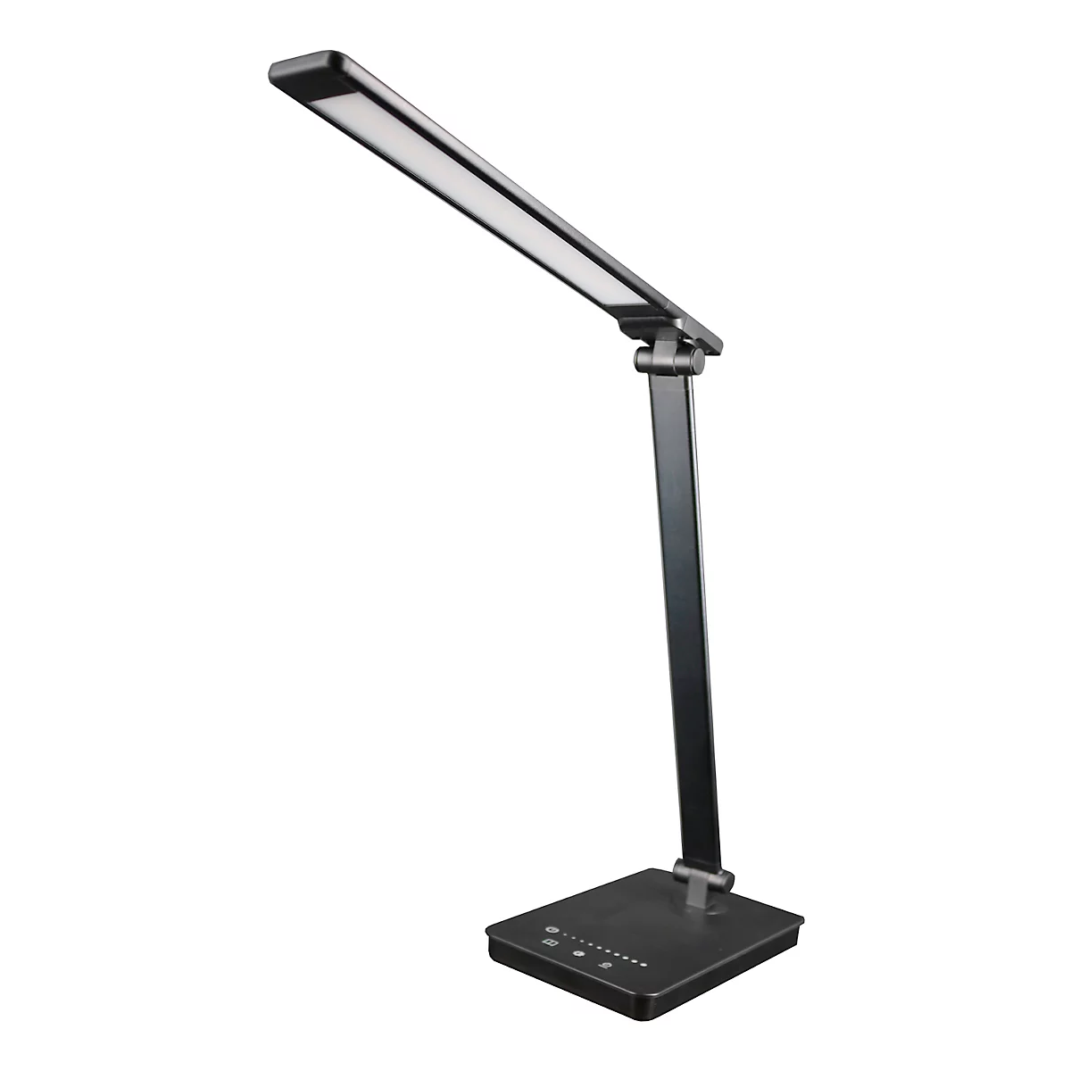 Dunkle Schreibtischlampe mit rechteckigem Leuchtkopf. Sie steht auf einem quadratischen Fuß. Der Leuchtkopf ist ausgerichtete.