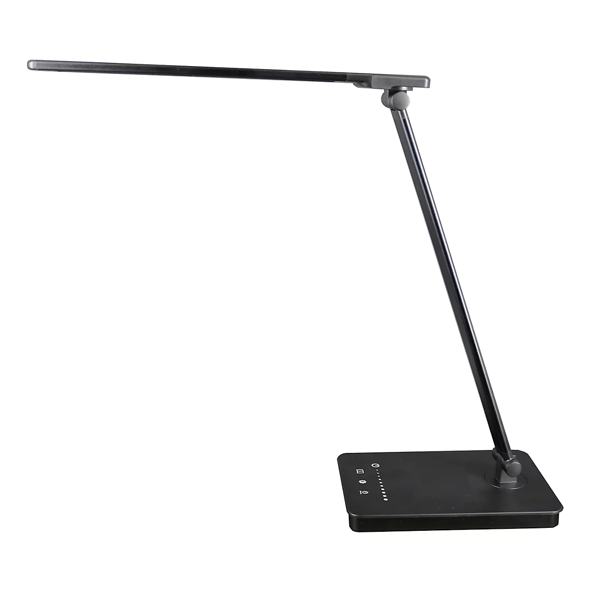 Schwarze Schreibtischlampe mit rechteckigem Fuß und langem, verstellbarem Arm. Auf dem Fuß befinden sich kleine Tasten und Symbole.
