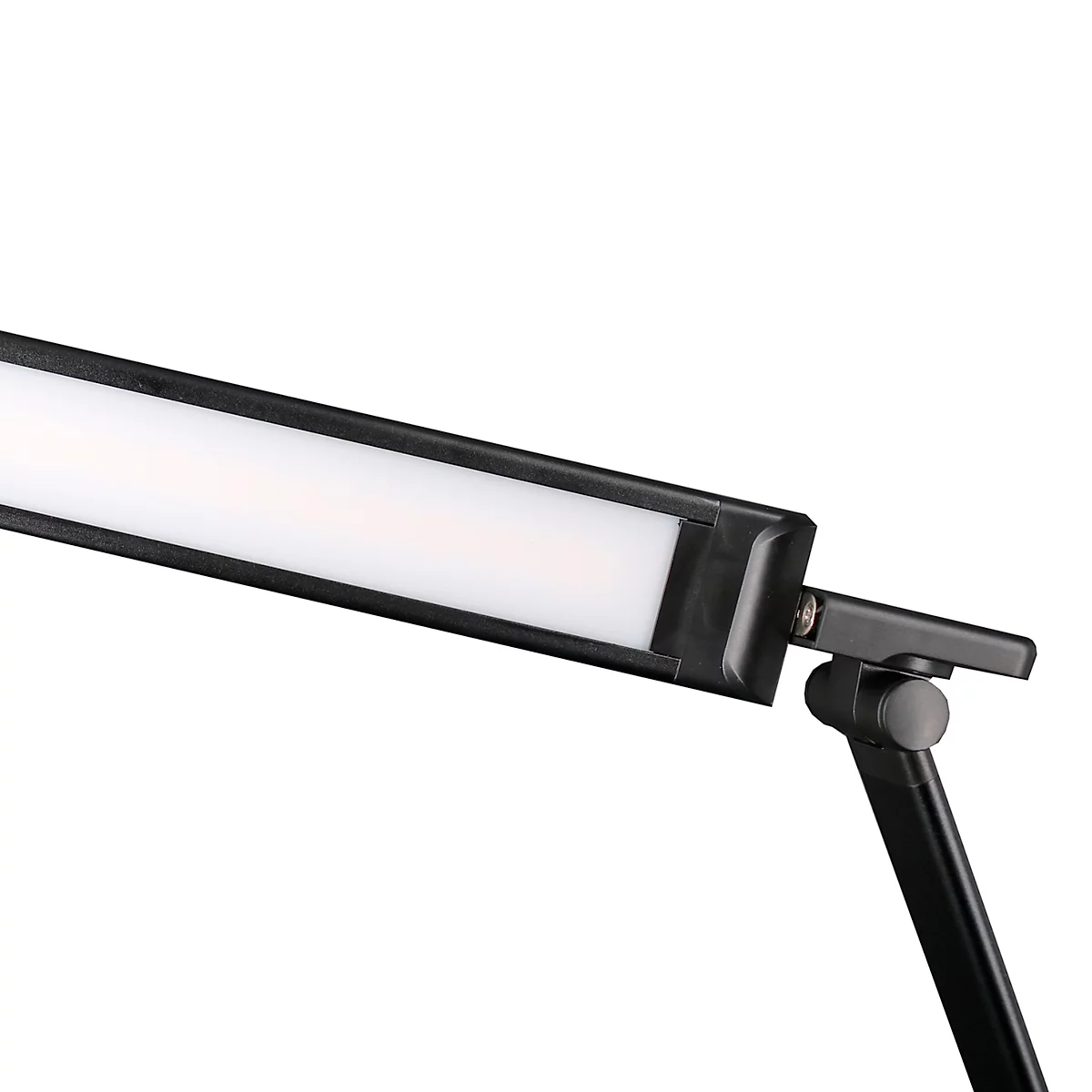 Eine schwarze Schreibtischlampe. Der Lampenkopf ist rechteckig und leuchtet weiß. Das Gelenk und der Arm sind ebenfalls schwarz.