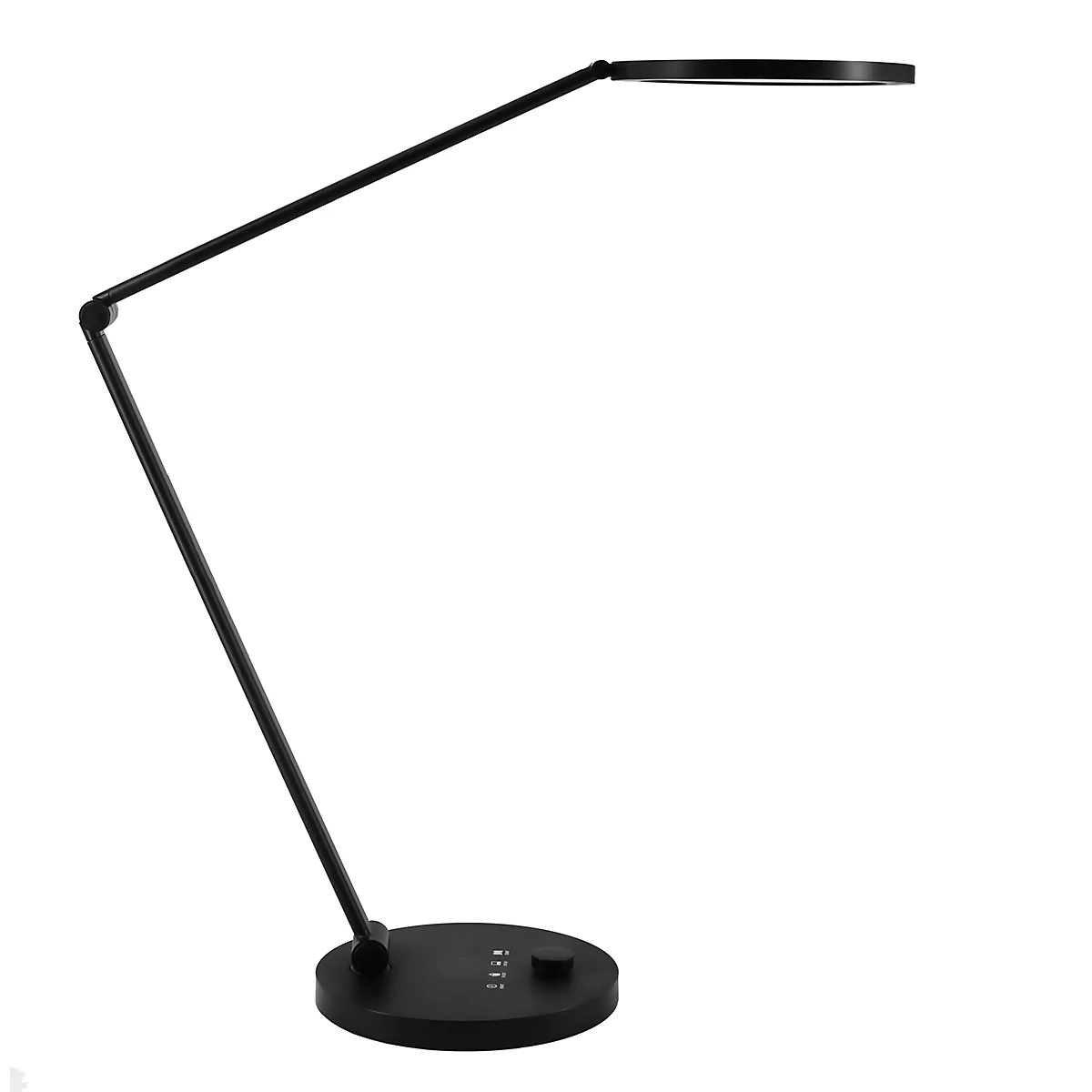 Schwarze, minimalistische LED-Schreibtischlampe mit schwenkbarem Arm auf rundem Standfuß vor weißem Hintergrund.