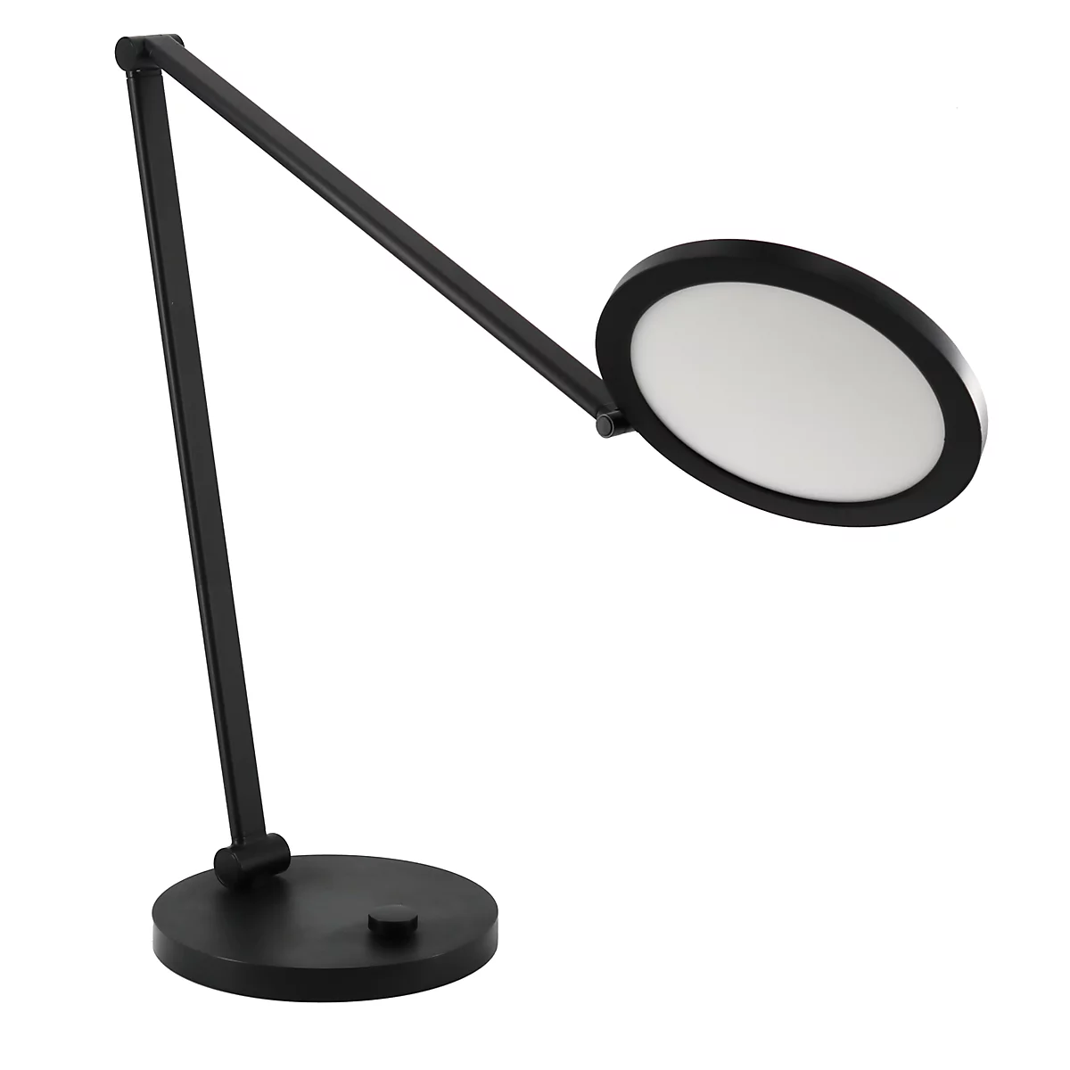 Schwarze, minimalistische Schreibtischlampe mit rundem Leuchtkopf auf weißem Hintergrund.