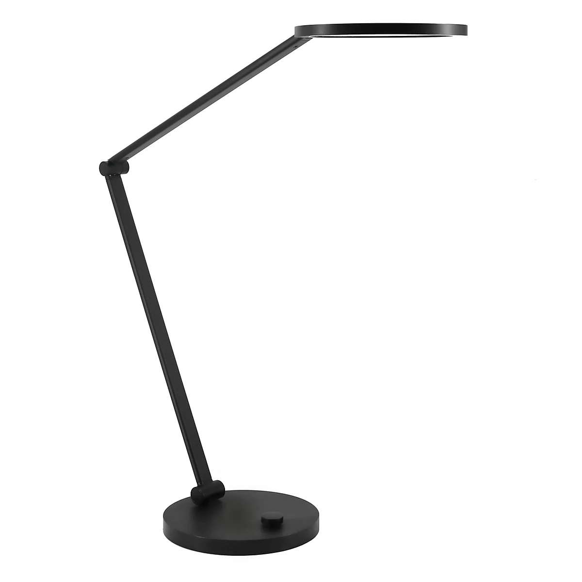 Schwarze, minimalistische Schreibtischleuchte mit flachem, rundem Leuchtkopf auf hellem Hintergrund.