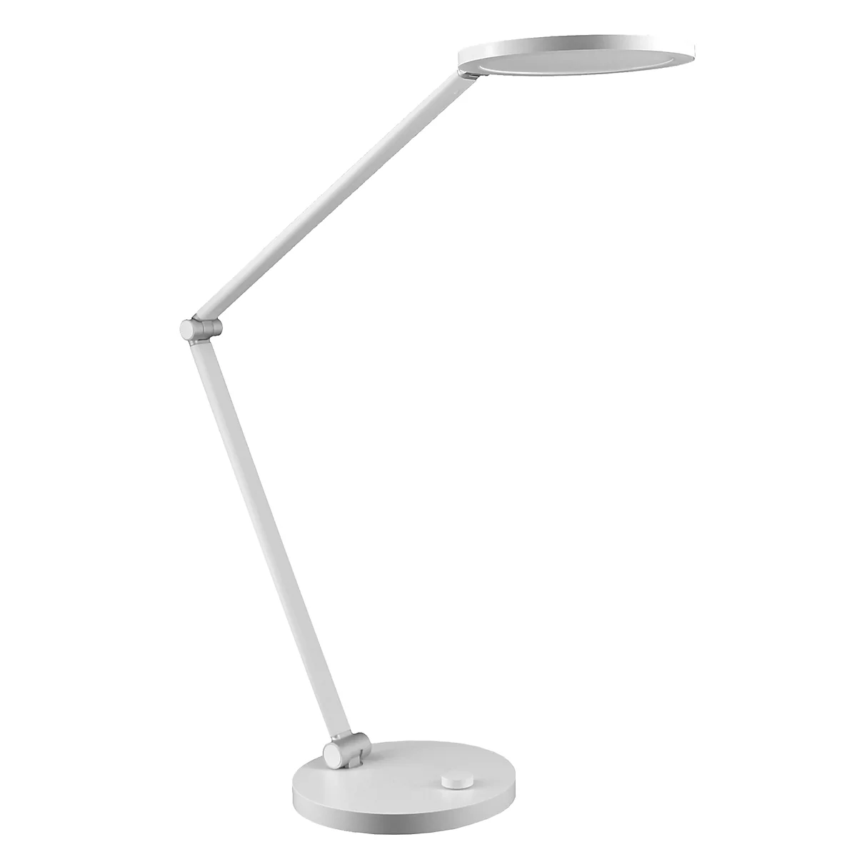 Schlanke, moderne LED-Schreibtischlampe in Weiß mit verstellbarem Gelenkarm und rundem Leuchtenkopf.