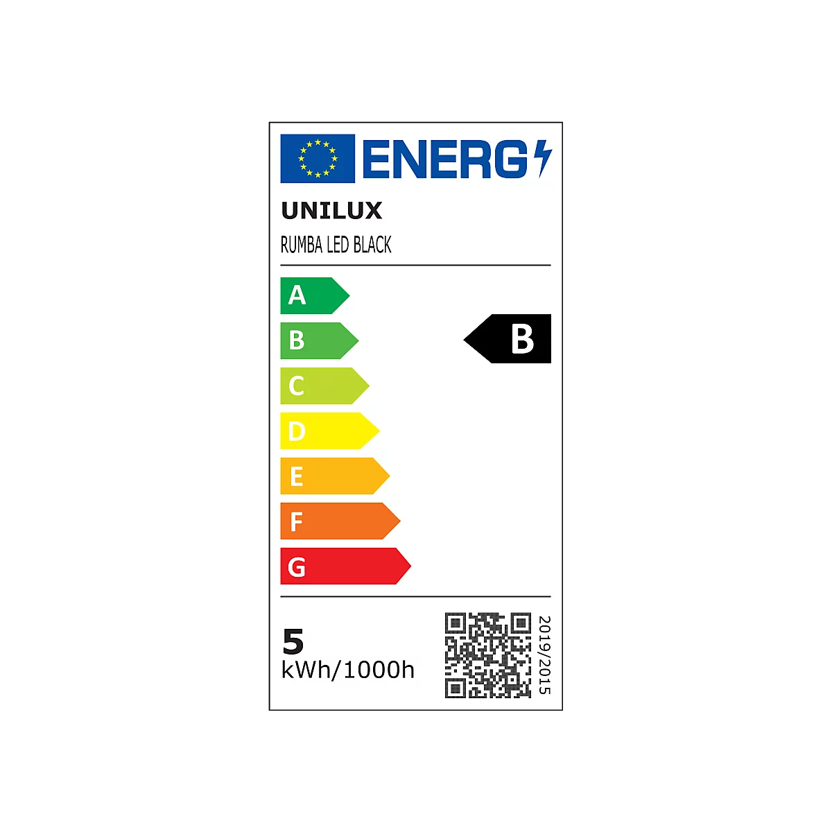 EU-Energieeffizienzlabel für Unilux Rumba LED Black, Energieeffizienzklasse B, 5 kWh pro 1000 Stunden.