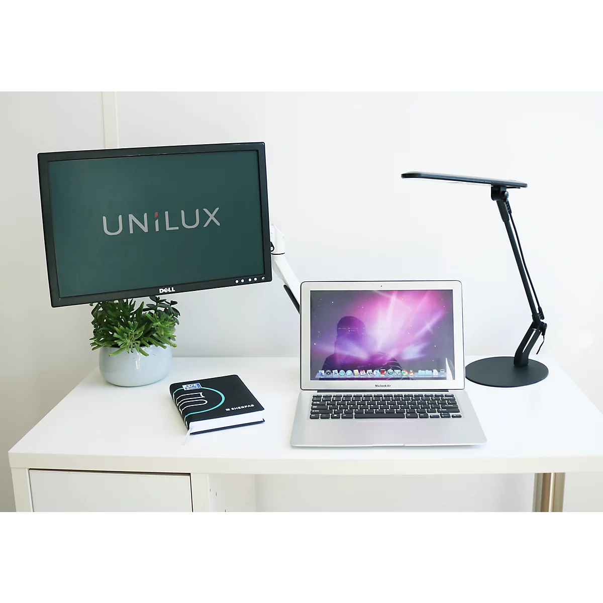 Moderner Schreibtisch mit Laptop, Monitor, Schreibtischlampe, Pflanze und Notizbuch vor einer weißen Wand.