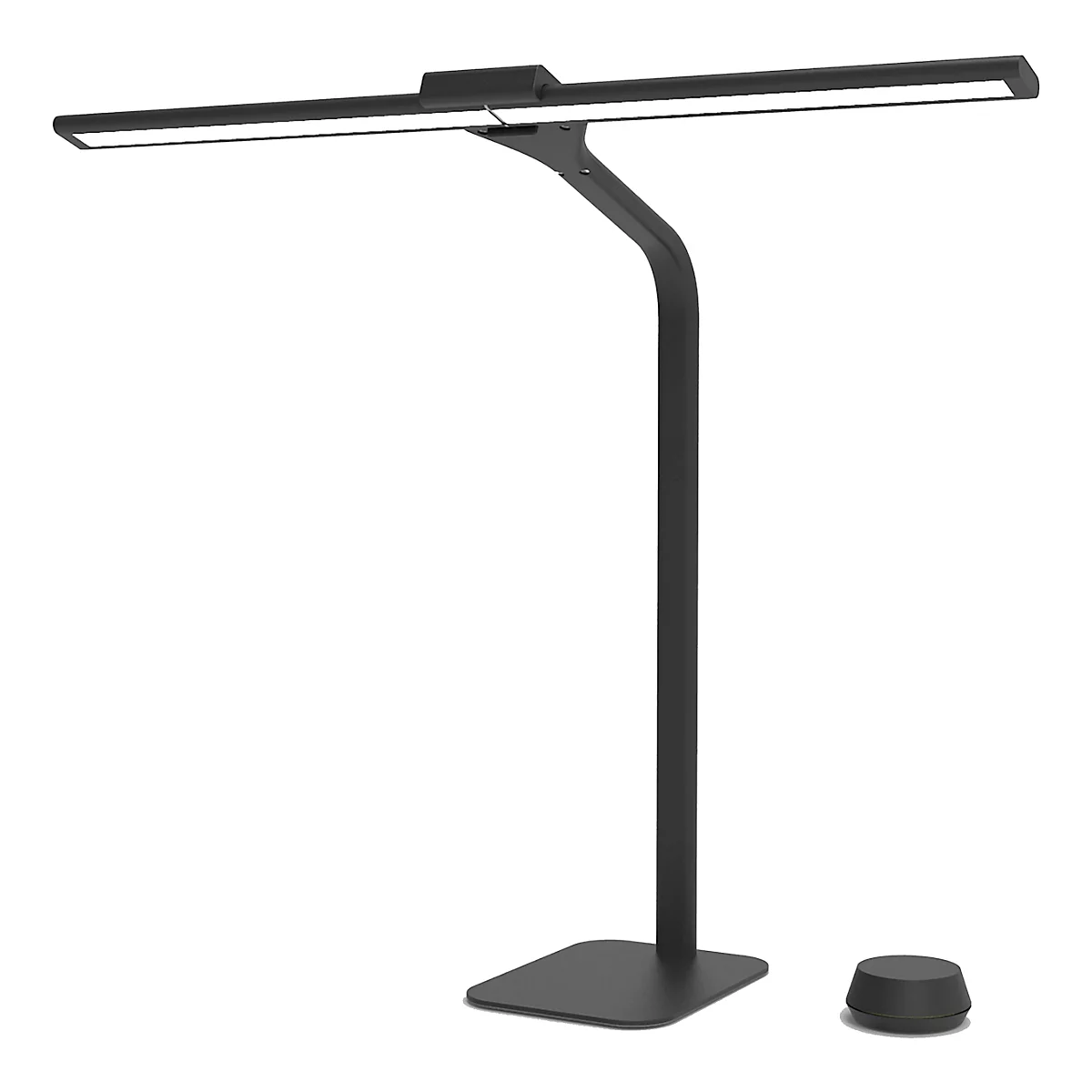 Schwarze LED-Schreibtischlampe mit rechteckigem Sockel, schwenkbarem Arm und Bedienknopf.