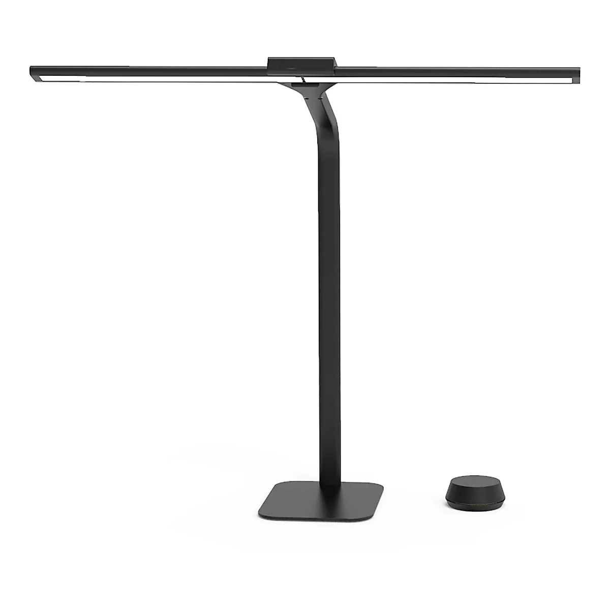 Schwarze Tischleuchte mit zwei horizontalen Lichtleisten. Ein runder Dimmer befindet sich rechts neben der Leuchte.