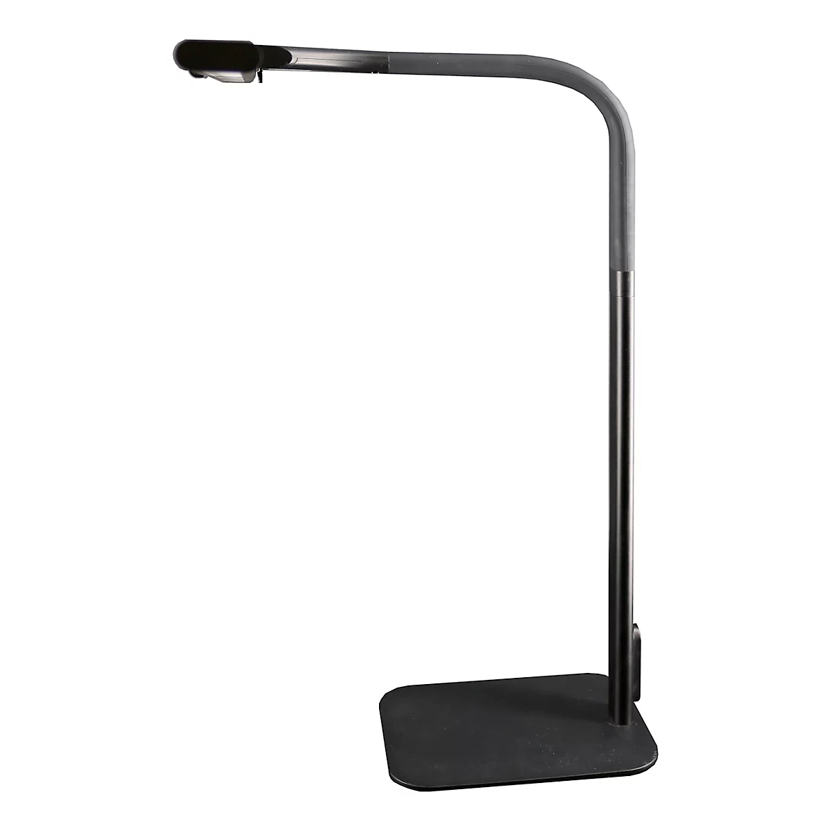 Eine schwarze, gebogene Schreibtischlampe mit quadratischem Standfuss und LED-Leuchte.