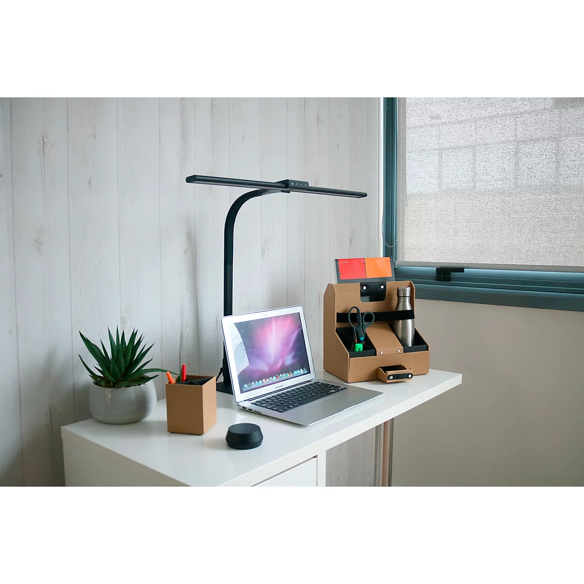 Schreibtisch mit Laptop, Lampe, Stifthalter, Pflanzen und Ordnungssystem.