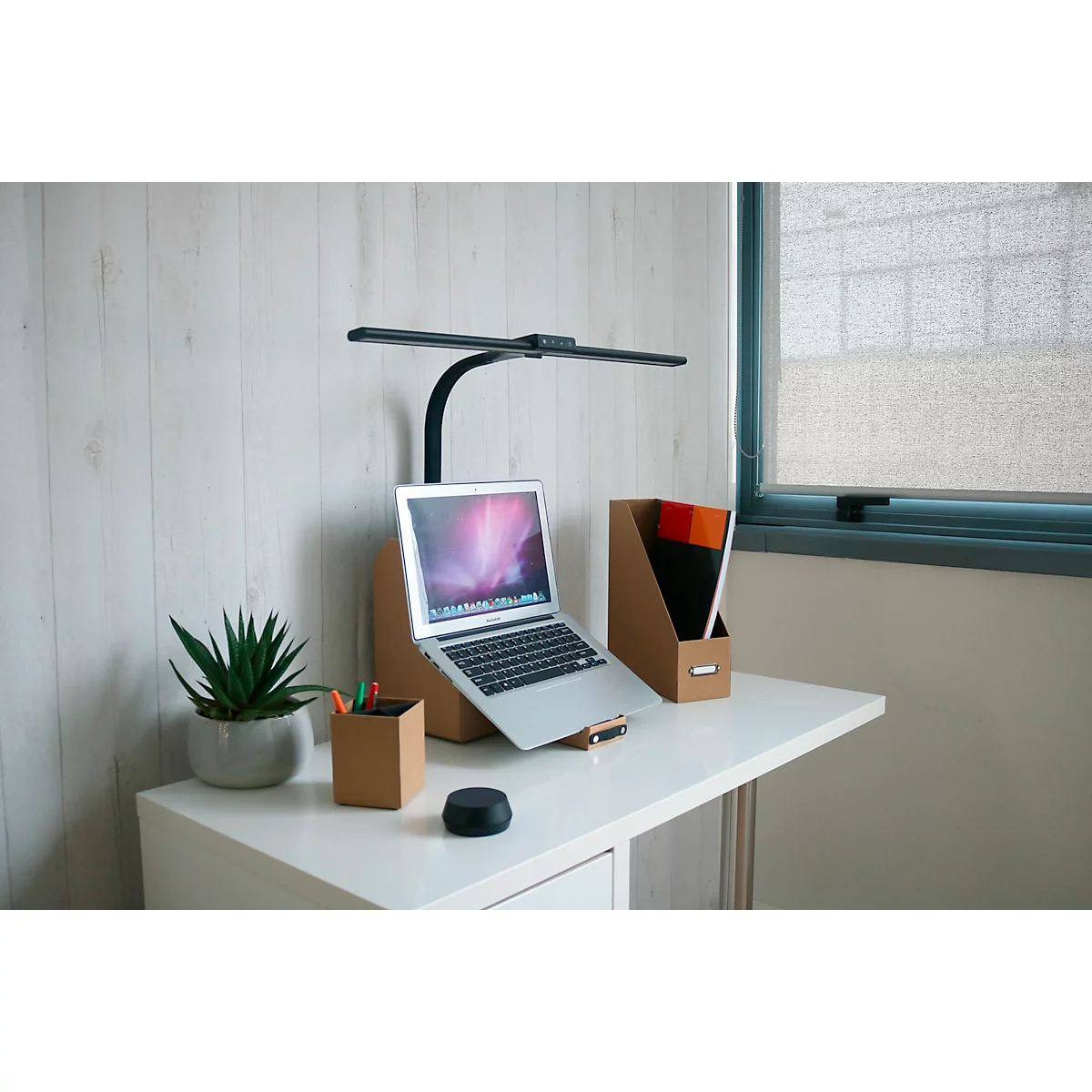 Ein Laptop mit Ständer und Lampe auf einem Schreibtisch, daneben eine Pflanze und Papierablage.