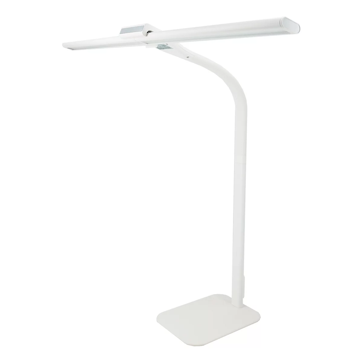 Weisse Schreibtischlampe mit gebogenem Arm und rechteckigem Fuss. Die Lampe leuchtet horizontal nach links.
