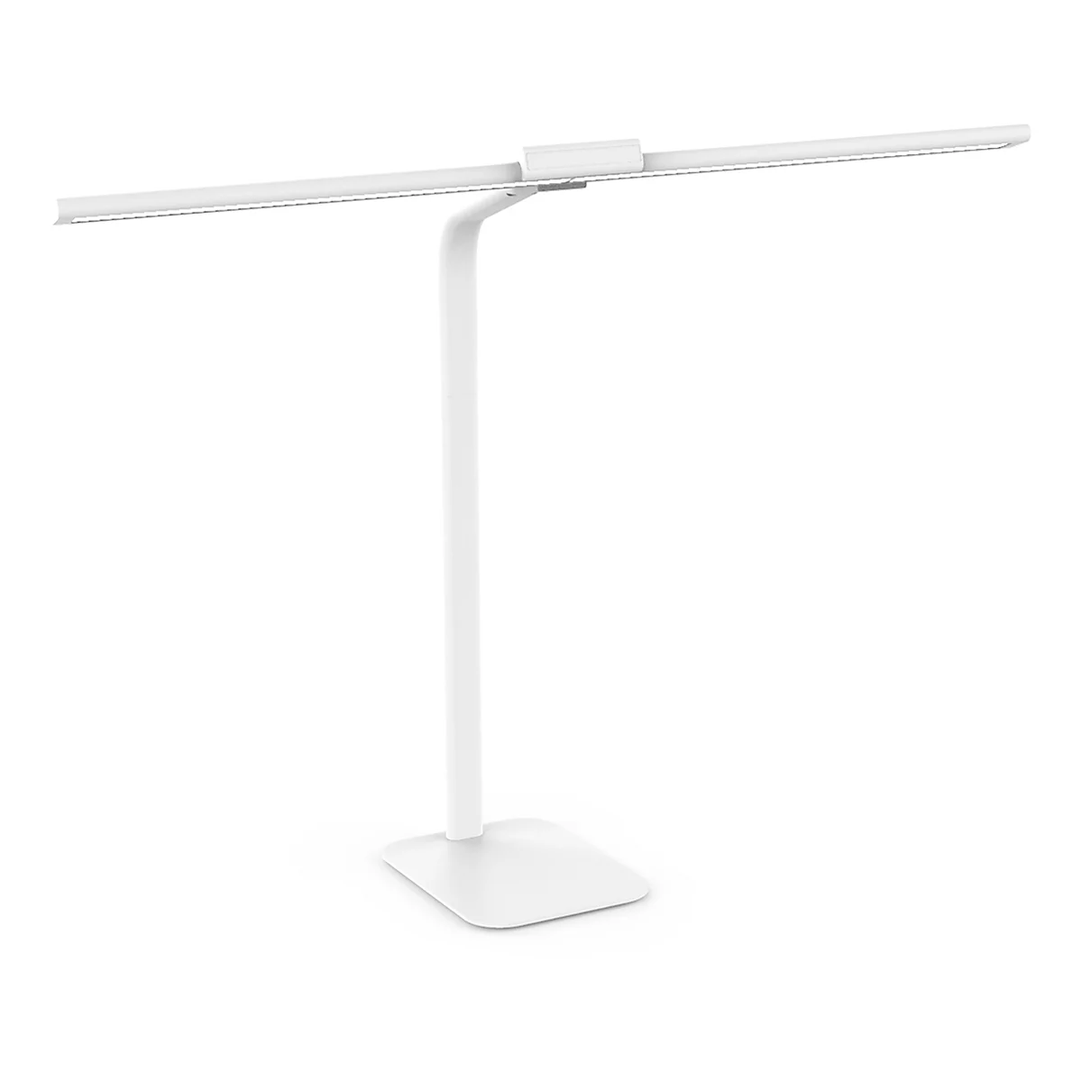 Schreibtischlampe in Weiss. Ein schlanker, gebogener Stiel trägt einen rechteckigen Lampenkopf.