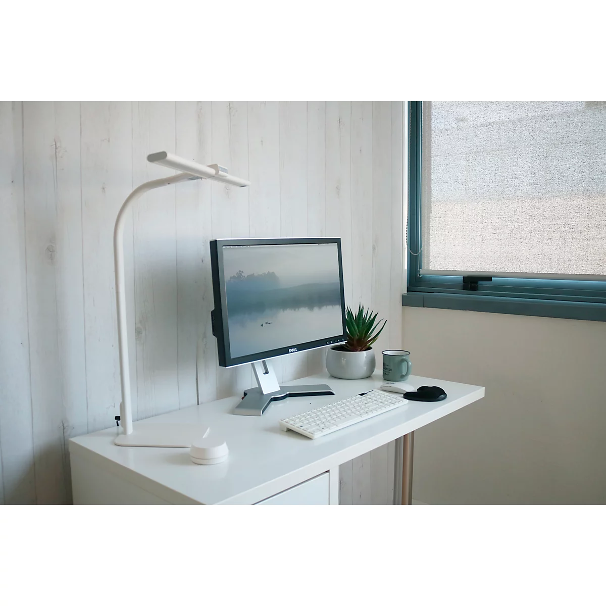 Schreibtisch mit Monitor, Lampe, Pflanze und Tastatur. Helle, minimalistische Einrichtung. Blick aus dem Fenster.