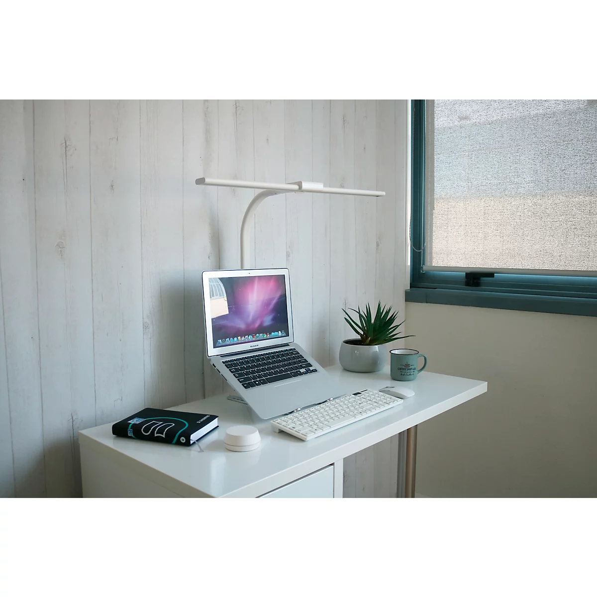 Schreibtisch mit Laptop, Tastatur, Lampe, Pflanze und Kaffeetasse.