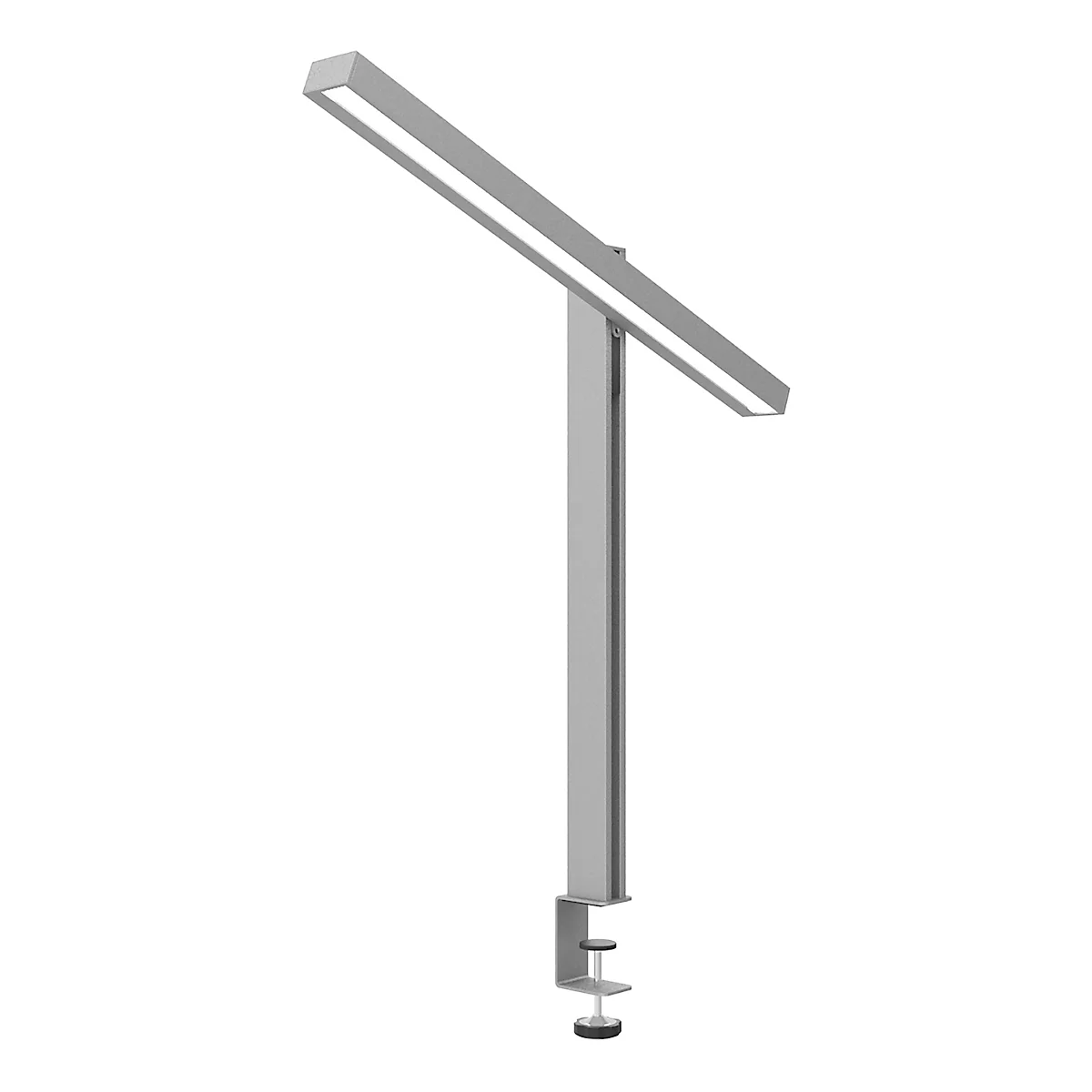 Silberne LED-Schreibtischlampe, horizontaler Leuchtkörper, mit Klemmfuss.
