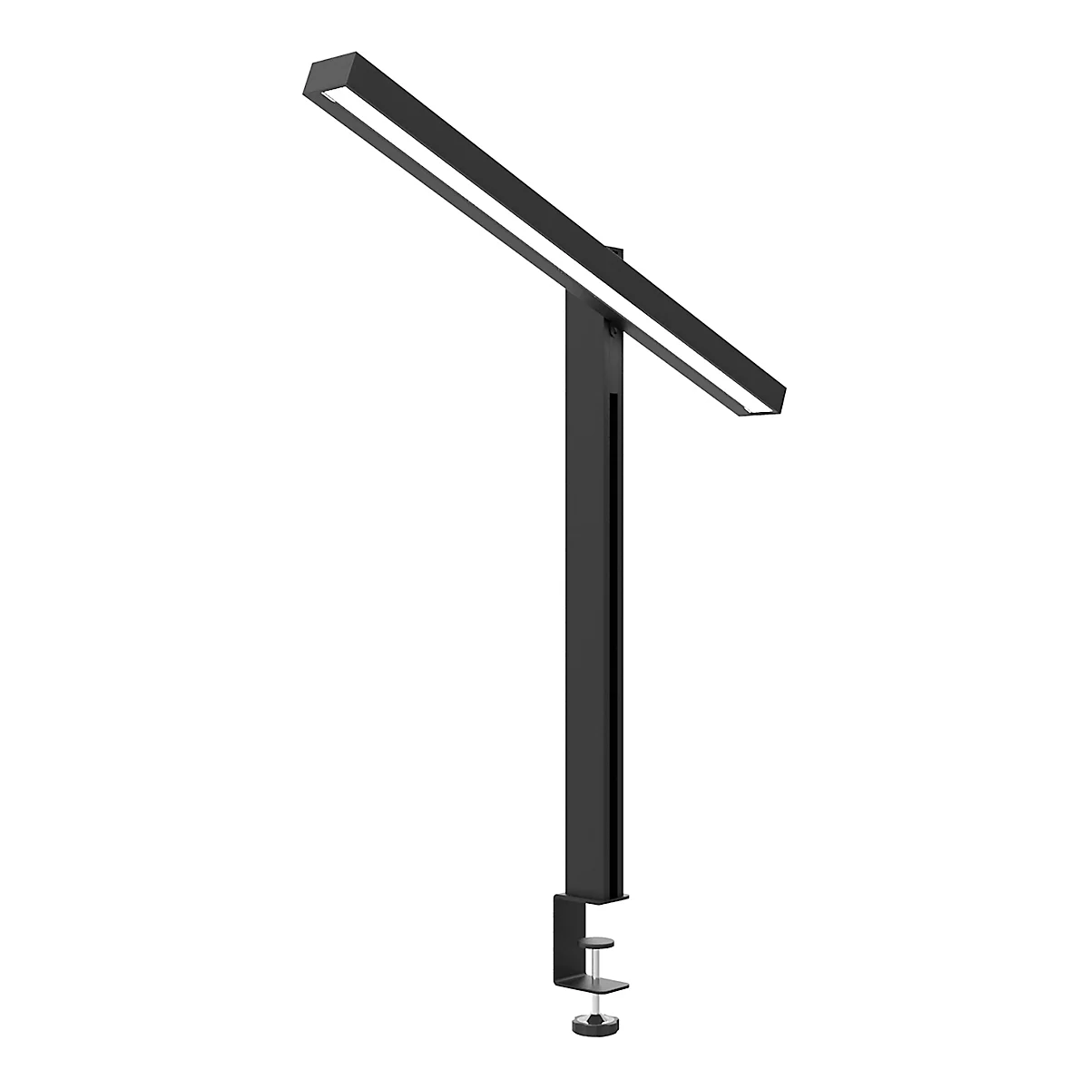 Schwarze LED-Schreibtischlampe mit Klemme; horizontaler Leuchtstab; vertikaler Arm und Klemme.