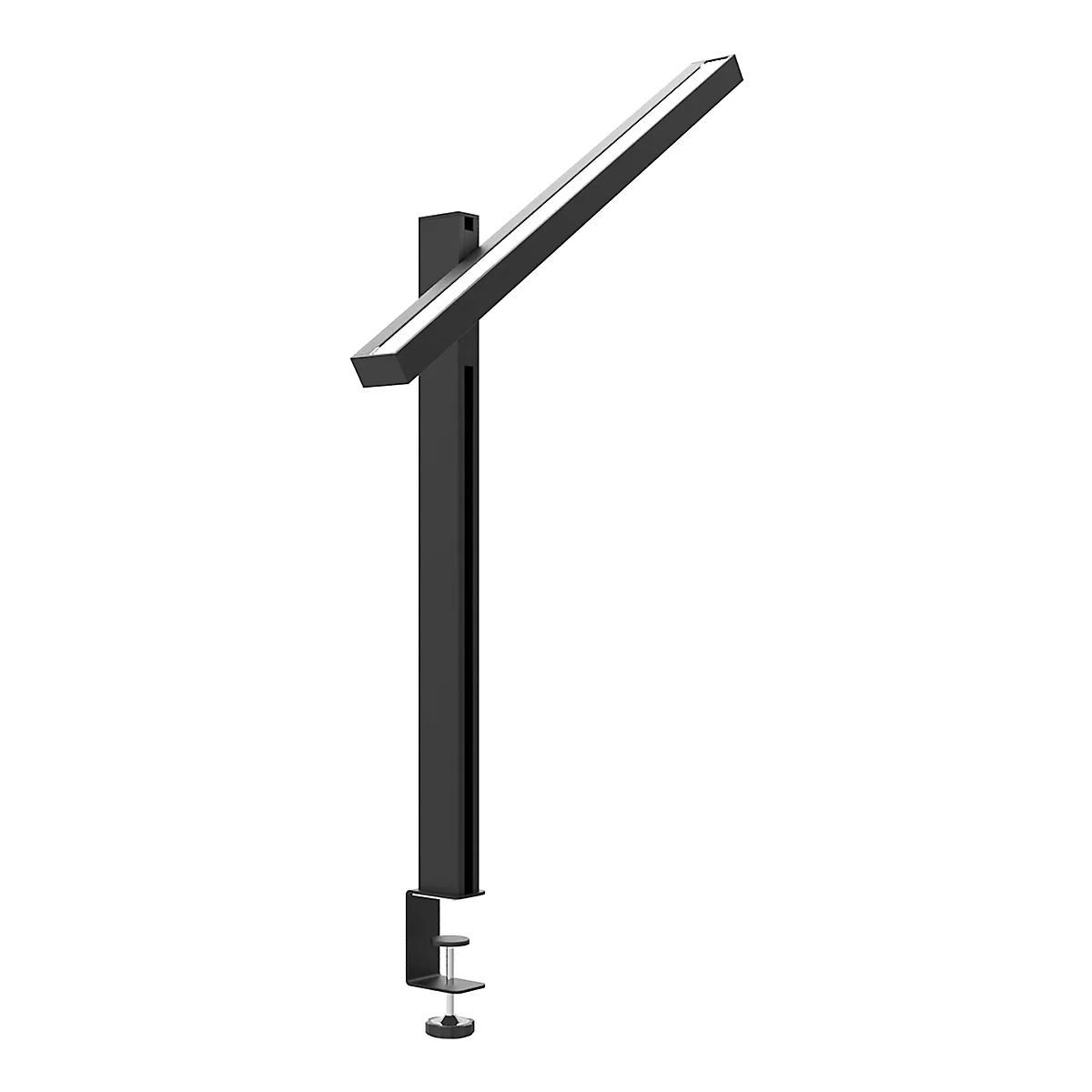 Schwarze Klemmleuchte, schlankes Design, LED-Lichtleiste, die Lampe kann geneigt werden.