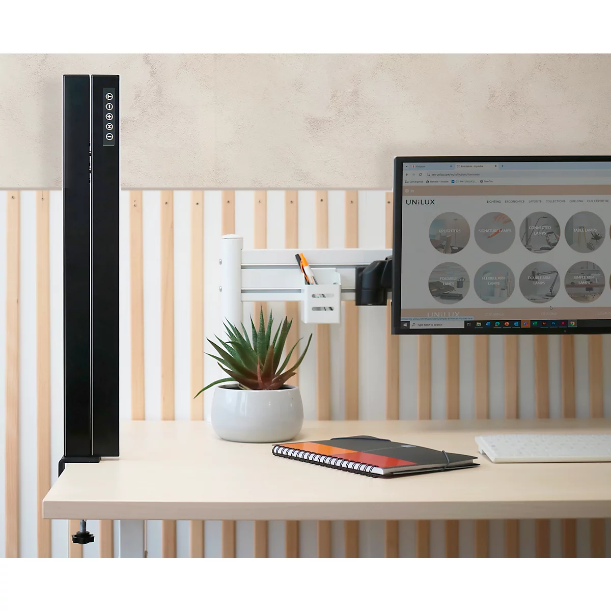 Schreibtisch mit Pflanzen, Monitor und einem schwarzen, vertikalen Objekt. Die Website des Monitors zeigt grafische Elemente.