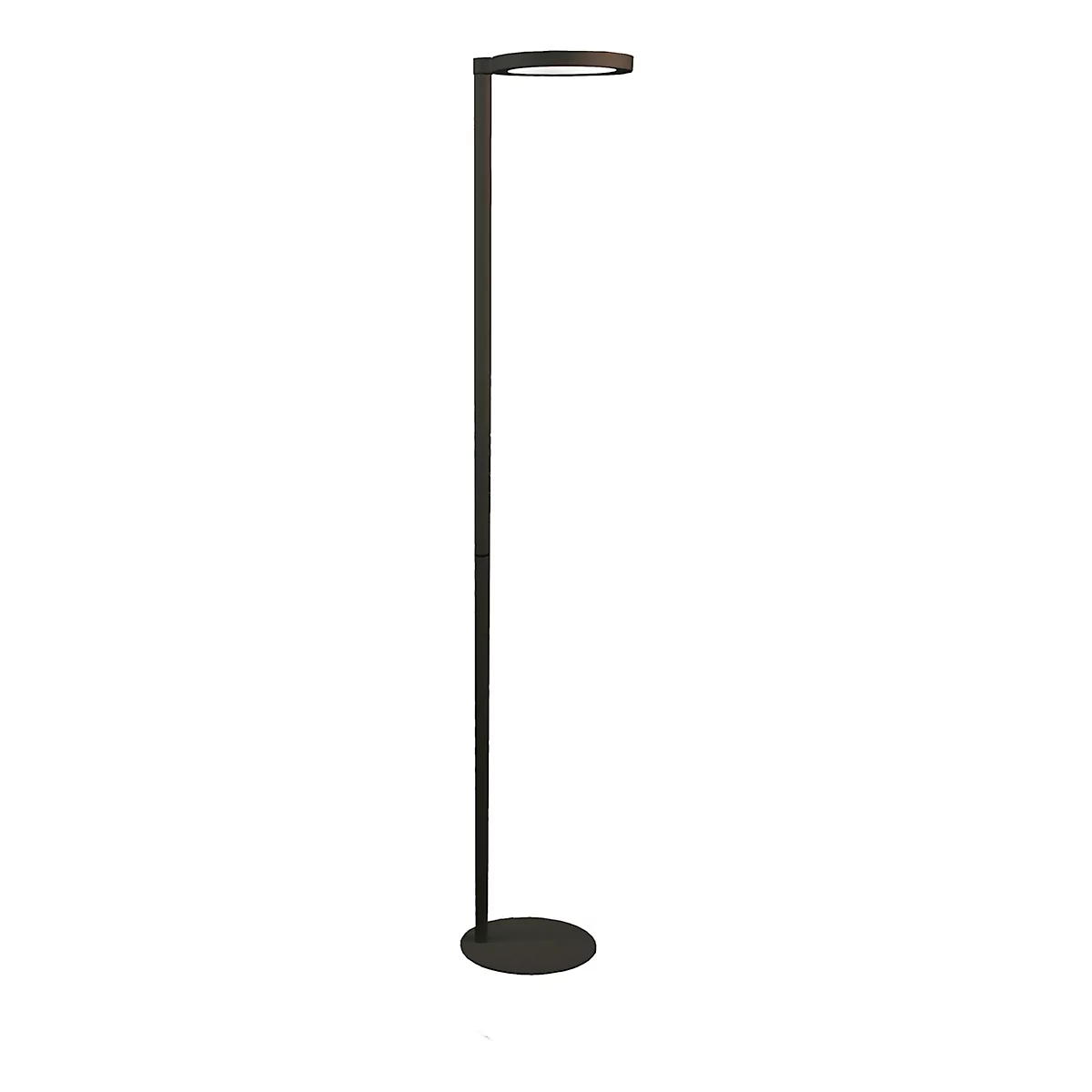 Een zwarte vloerlamp met een ronde voet en een horizontale lampkop.