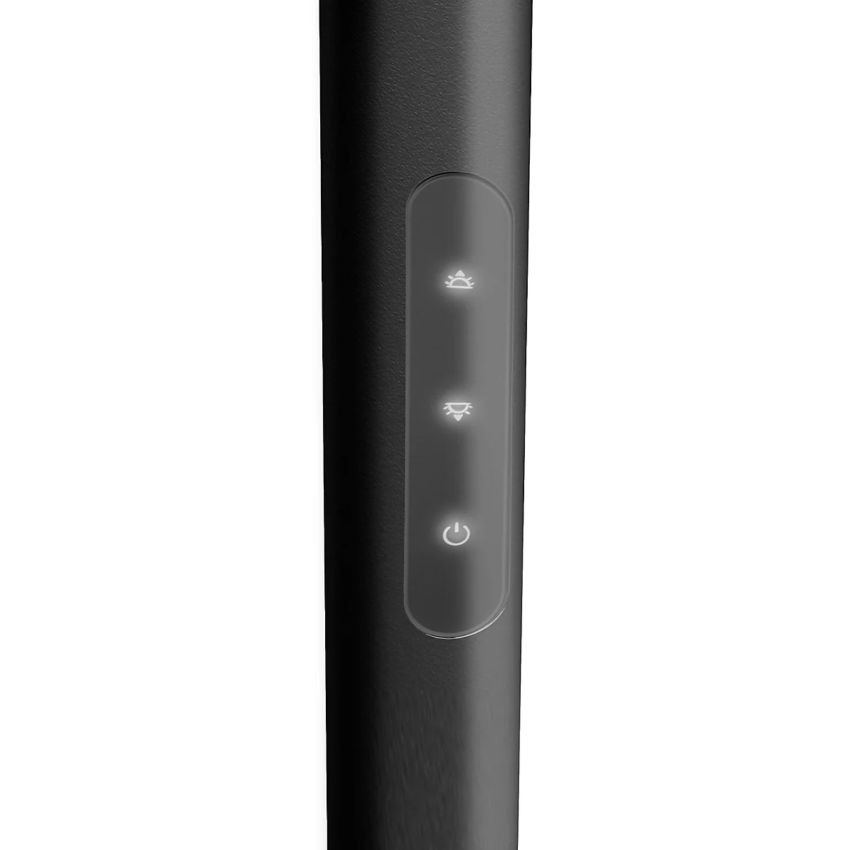 Zwart glanzend product, met drie lichtsymbolen. Boven een wolk, in het midden een druppel, onder een cirkel met streep.