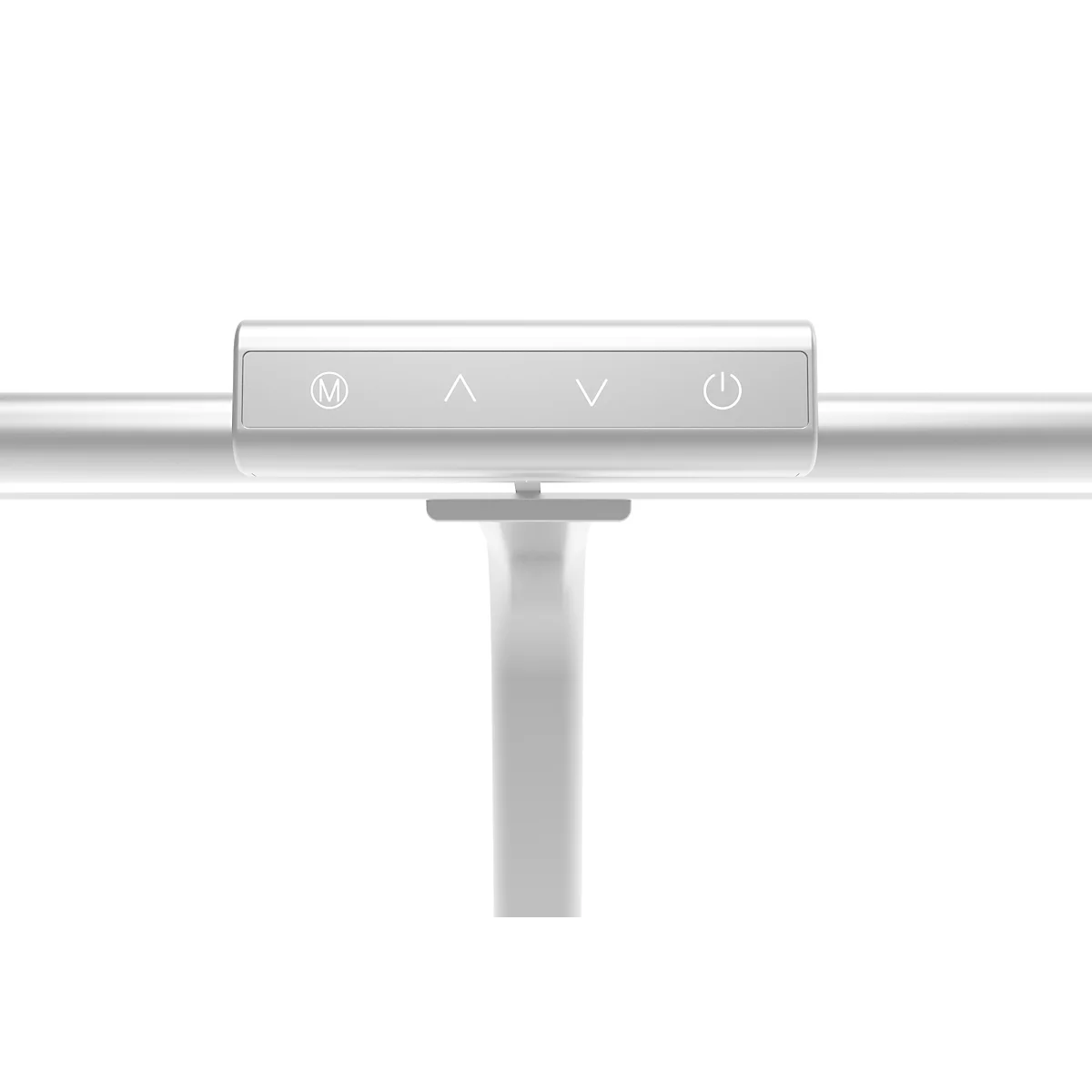 Detailopname van een wit bedieningspaneel met symbolen: M, pijl omhoog, pijl omlaag en stroomsymbool.