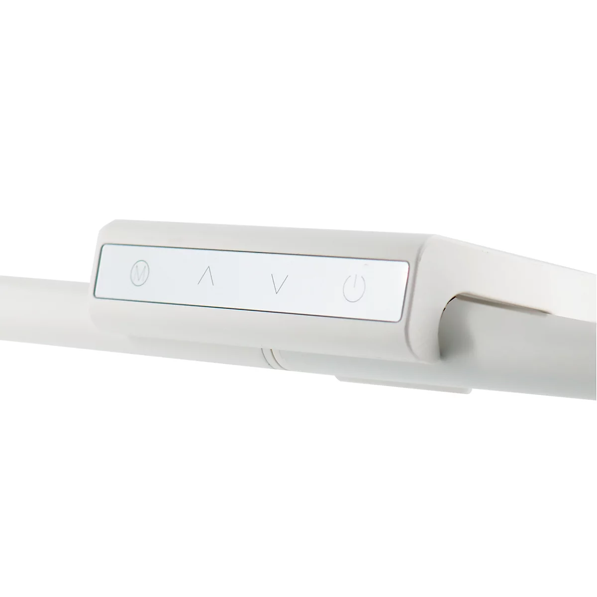 Detailopname van een witte bedieningseenheid met symbolen: aan/uit, pijl omhoog, pijl omlaag.