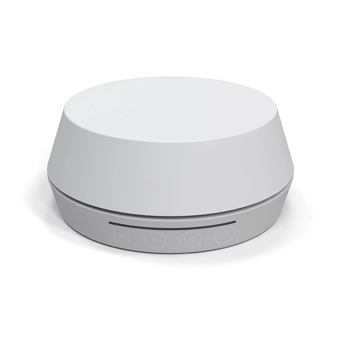 Grijs, rond slaapapparaat met knoppen. Een witte, koepelvormige behuizing bovenop, een grijs bedieningspaneel eronder.