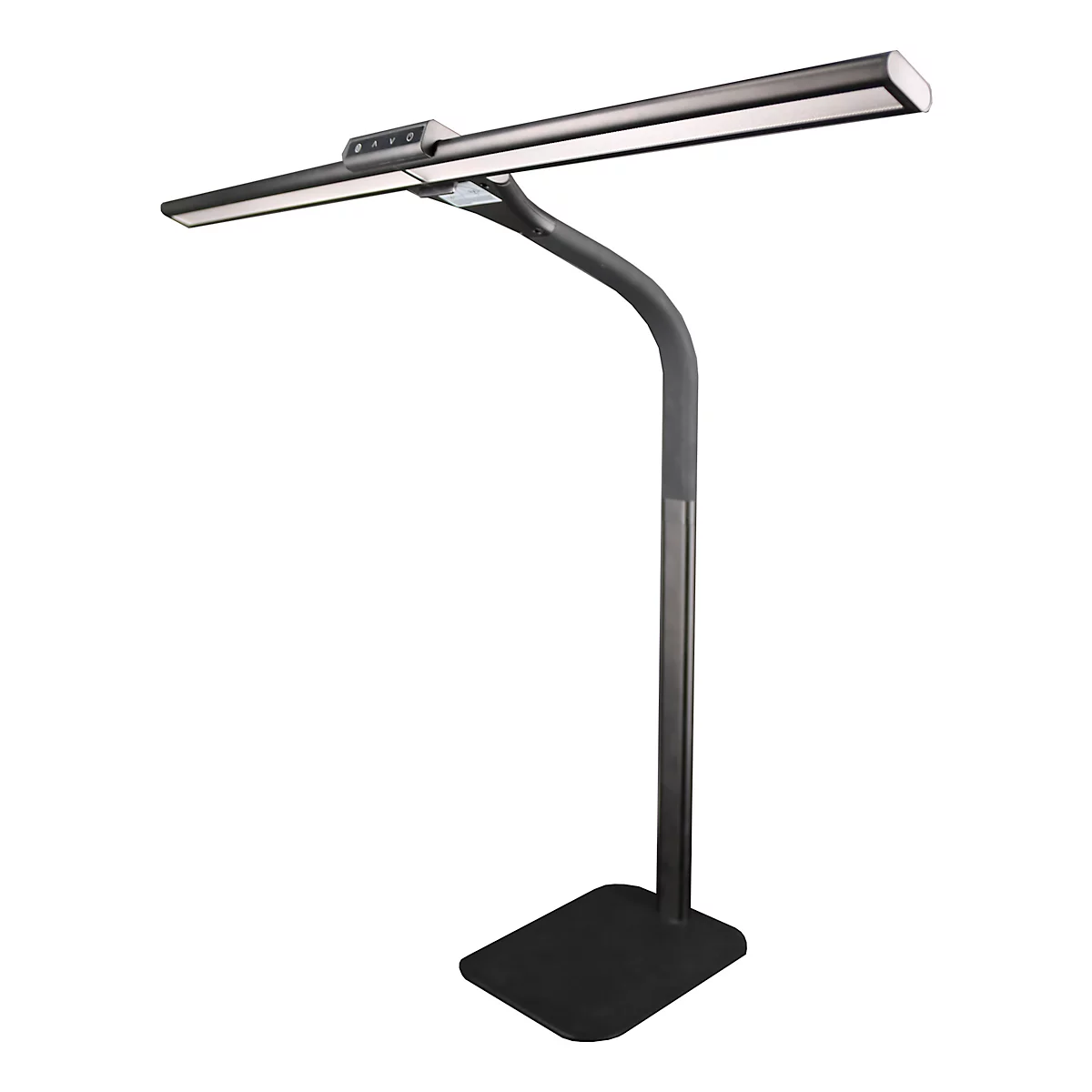 Zwarte staande lamp met LED-lichtbalk, gebogen arm, digitale bediening en vierkante voet.