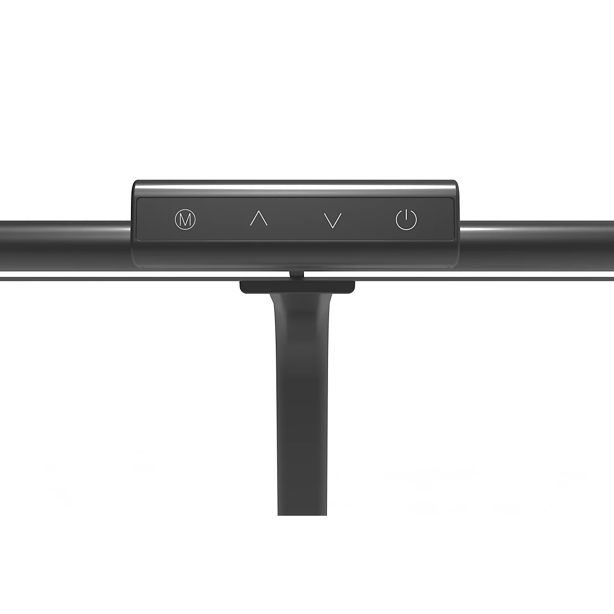 Close-up van een zwarte lamp met bedieningspaneel. Knoppen: M, pijl omhoog, pijl omlaag, aan/uit.