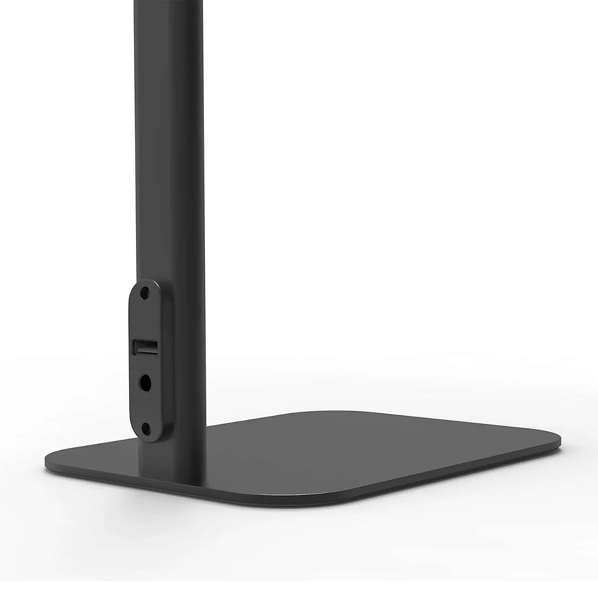 Zwarte, vierkante lampvoet met USB-poort en beugel.