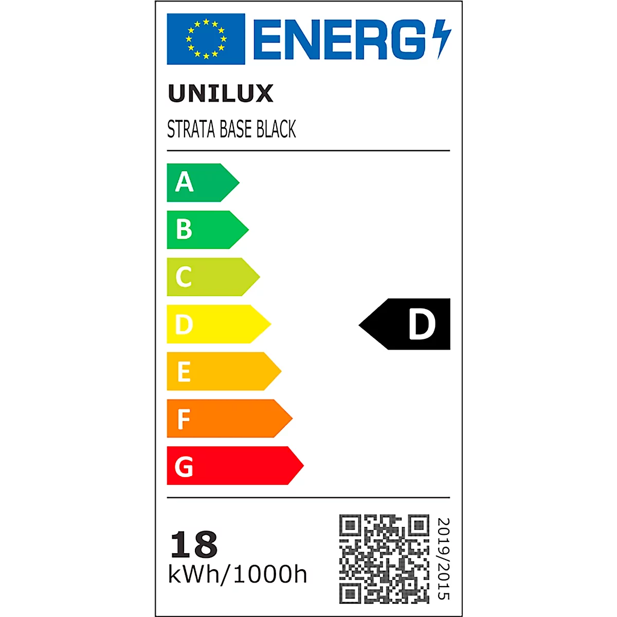 Energielabel met UNILUX, STRATA BASE BLACK en energie-efficiëntie D. Verbruik is 18 kWh/1000h.