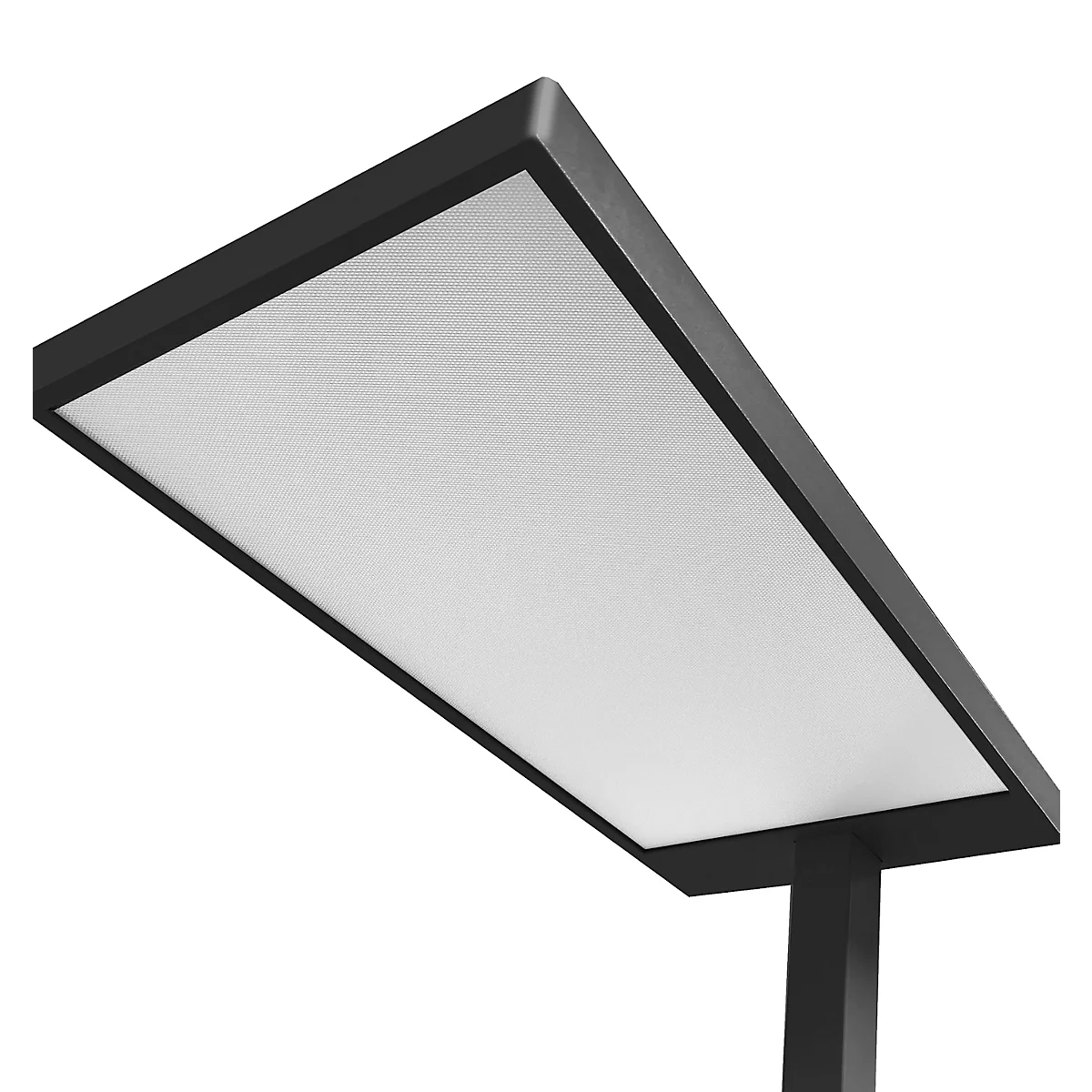 Schwarze LED-Leuchte von unten gesehen. Quadratischer Leuchtkörper mit heller, weisser Fläche.