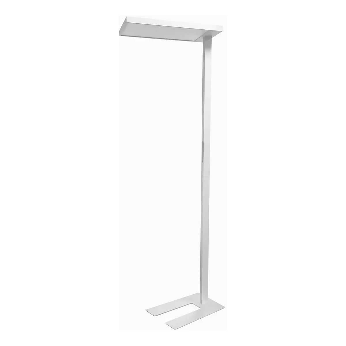 Weisse Stehlampe mit rechteckigem Kopf, auf einer einfachen, rechteckigen Basis stehend.