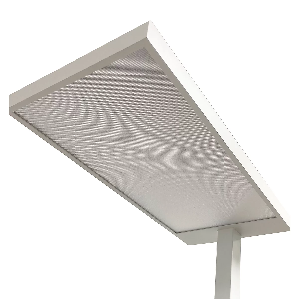 Witte, rechthoekige plafondlamp gefotografeerd van onderaf, met een rasterpatroon in het midden.