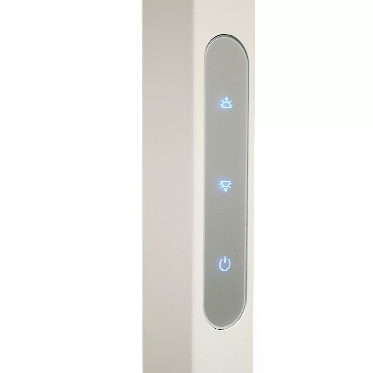 Wit apparaat met drie verlichte symbolen: een huis, een bloem en een aan/uit-schakelaar.