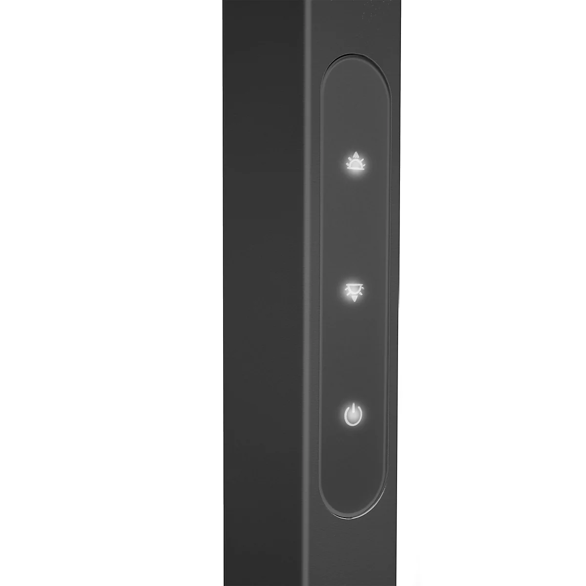 Grijze toren met drie verlichte symbolen: wifi, ventilator en aan/uit-knop.