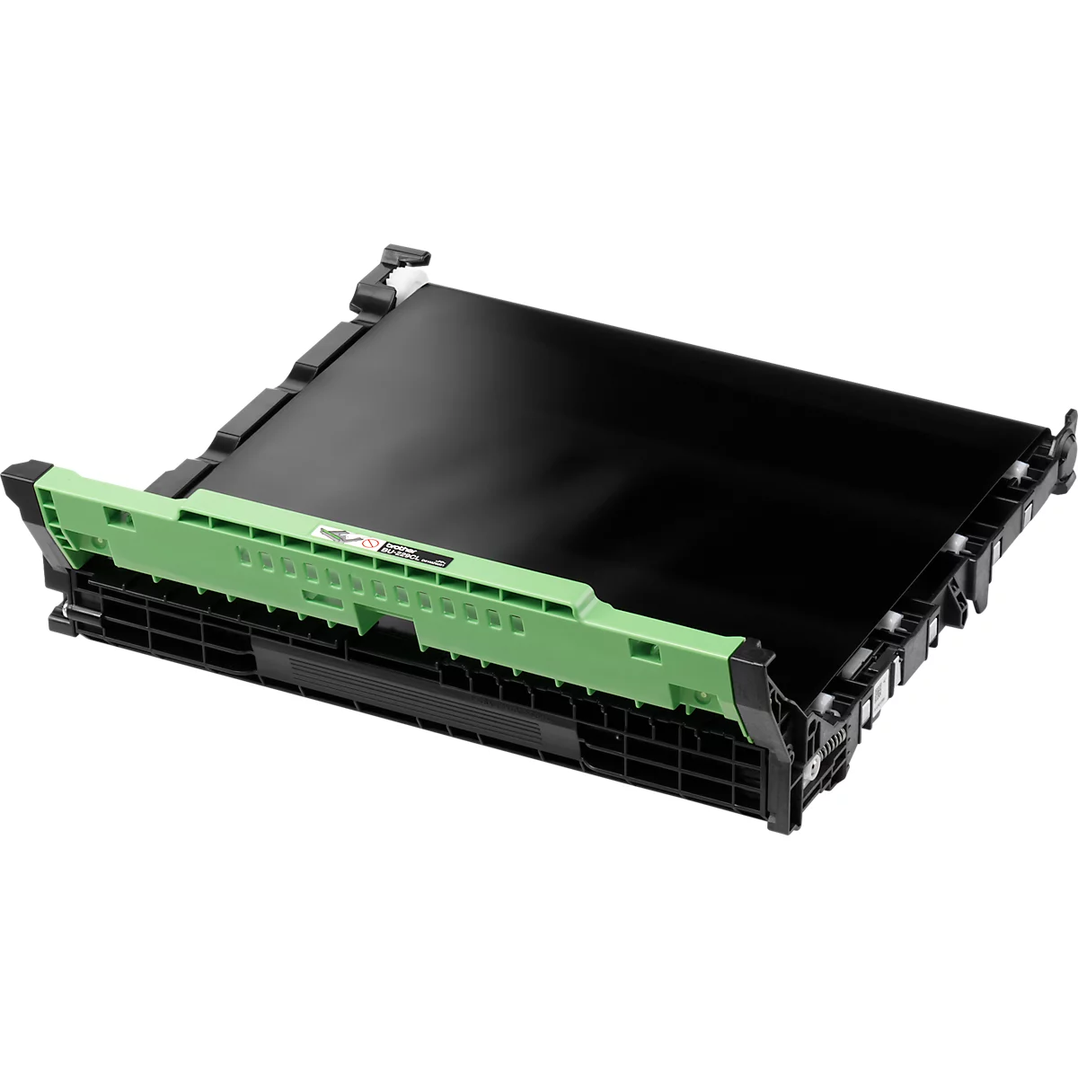 Cartouche de toner noire pour une imprimante, avec du plastique vert et noir. Le nom de la marque est visible sur la cartouche.