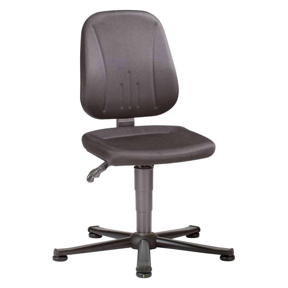 Dark gray office chair against white background. The chair has a backrest, seat, gas lift and a five-pointed base.