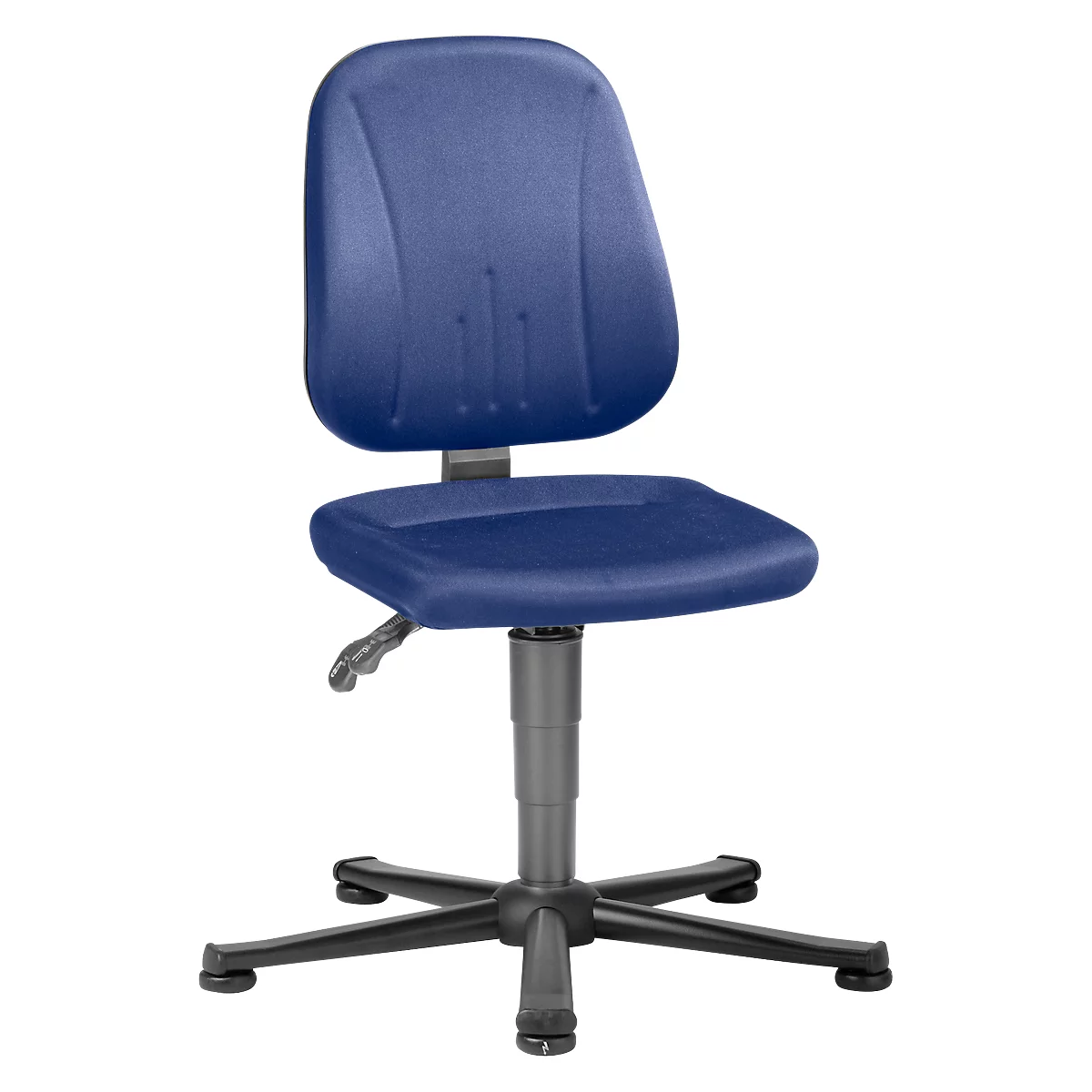 Blue swivel chair with backrest and seat, on a 5-arm base.