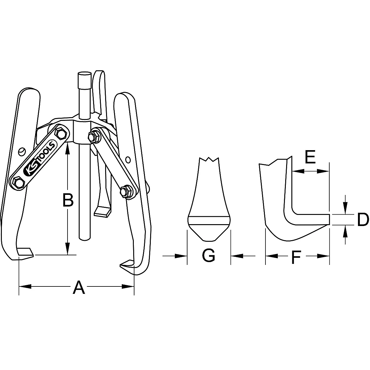 Dreizahn-Abzieher, Werkzeug zum Entfernen von Lagern. Mit Maßangaben, Schrauben und dem Schriftzug "KS TOOLS".