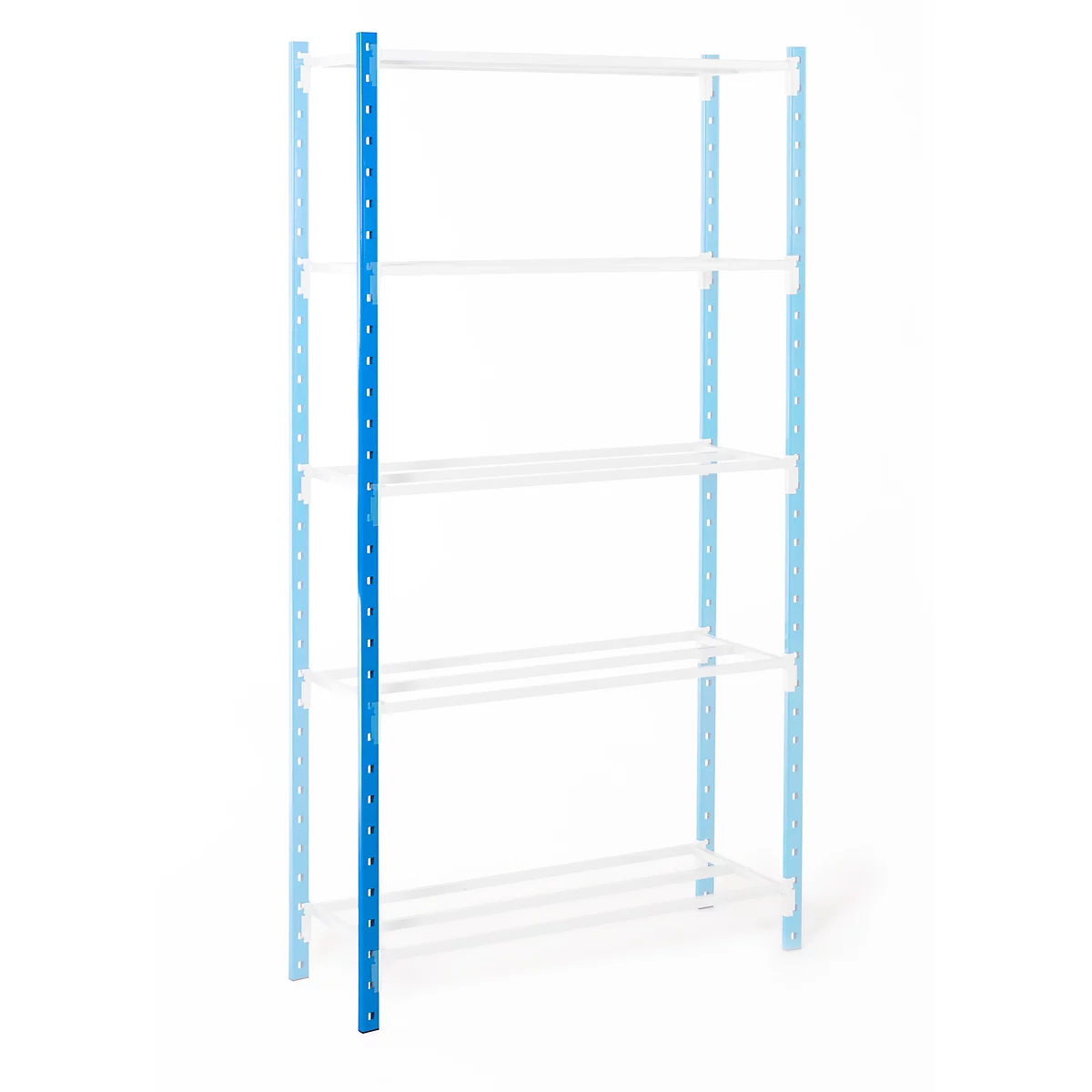 Shelf with four white shelves and blue struts on a white background.