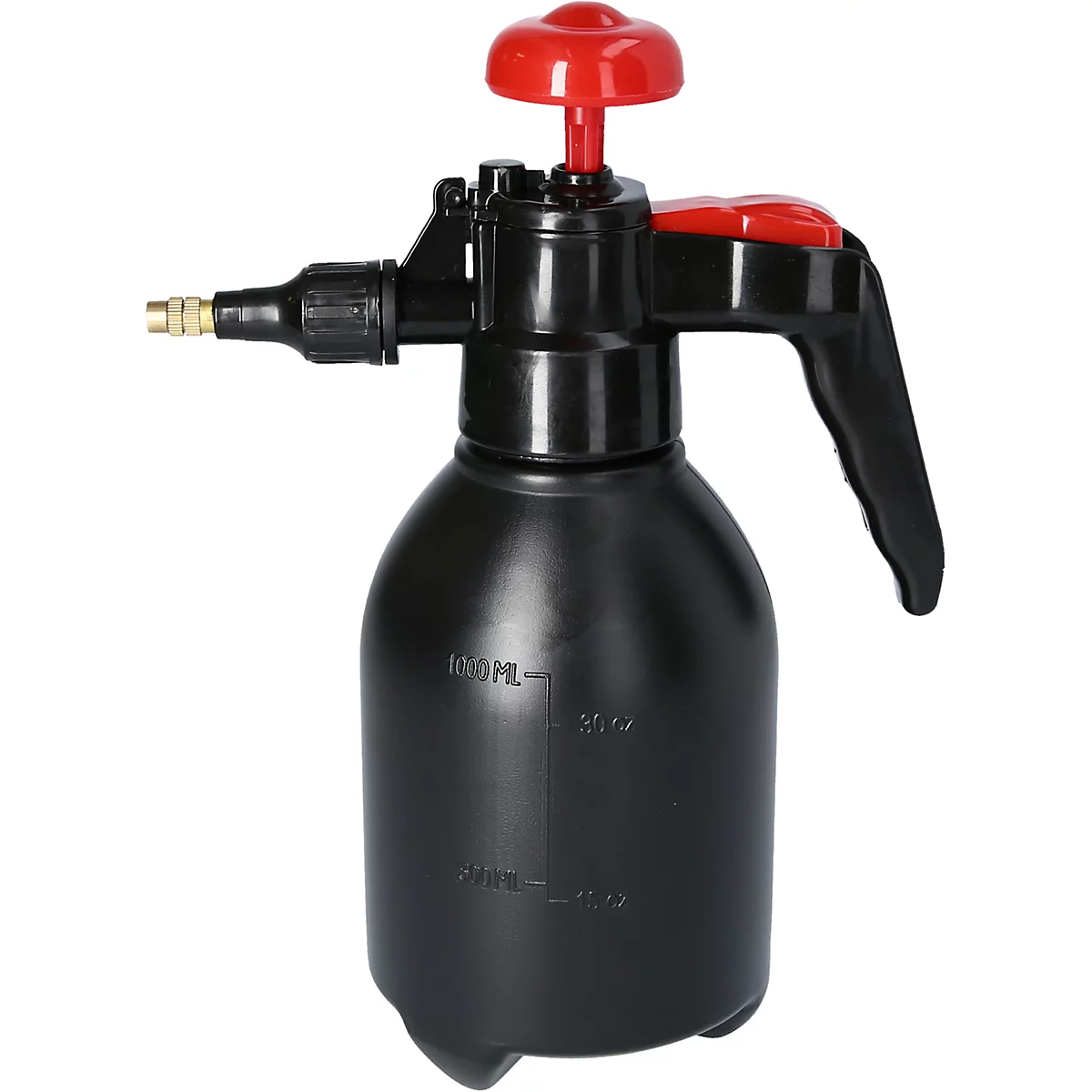 Schwarze Sprühflasche mit rotem Griff und rotem Pumpkopf. Am Flaschenkörper sind Messangaben angebracht.