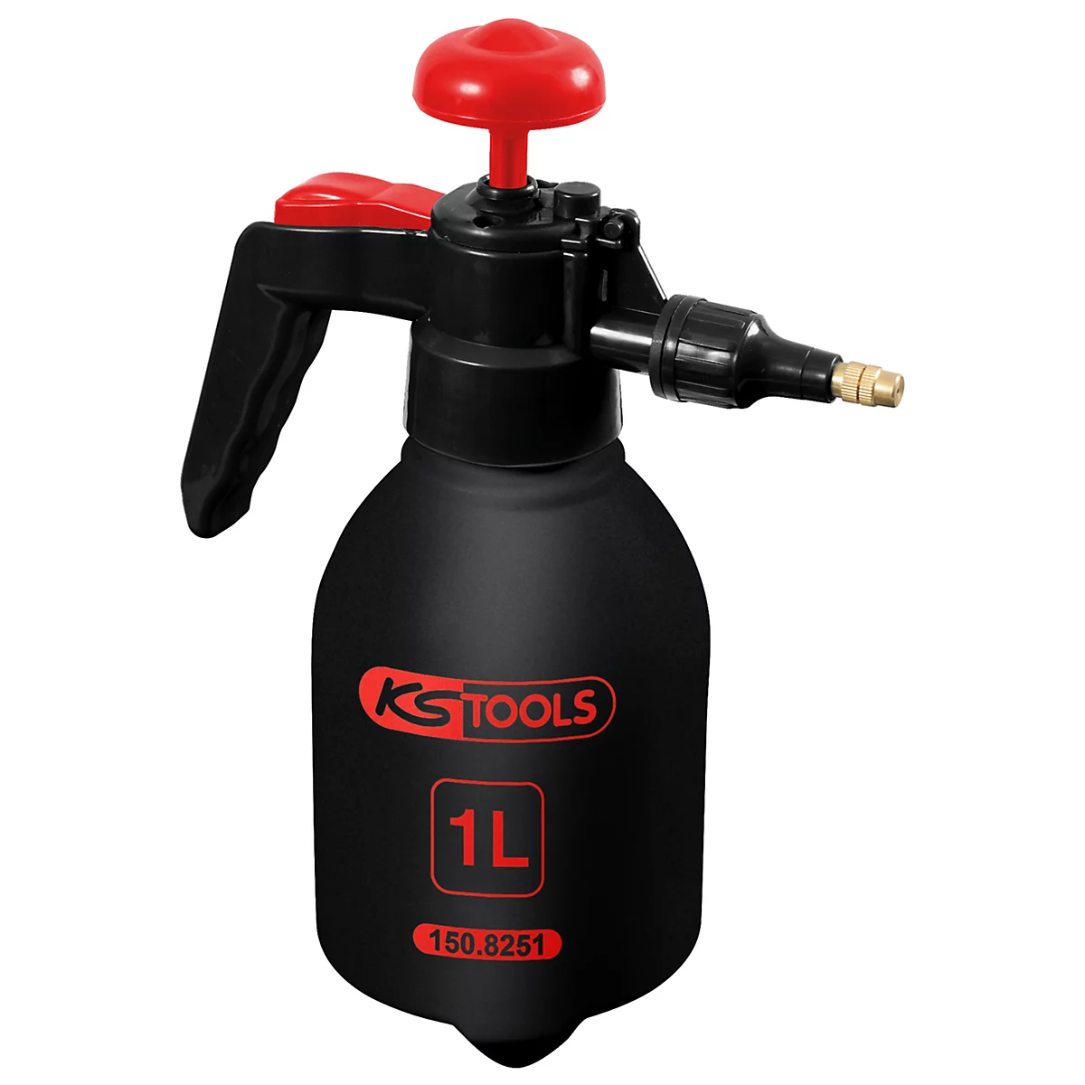 Schwarze KS TOOLS Drucksprühflasche mit rotem Pumpkopf und Griff. Fassungsvermögen 1L, Schriftzug 150.8251.