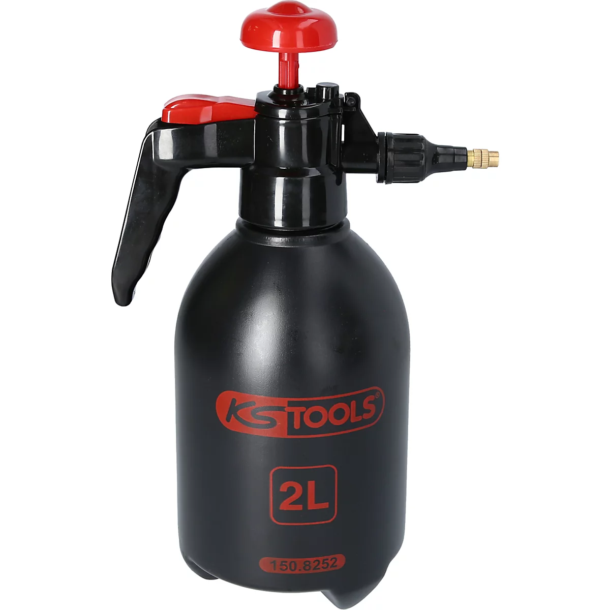 Schwarze Drucksprühflasche mit rotem Pumpgriff und rotem Sprühkopf. Aufschrift 'KS TOOLS 2L'.
