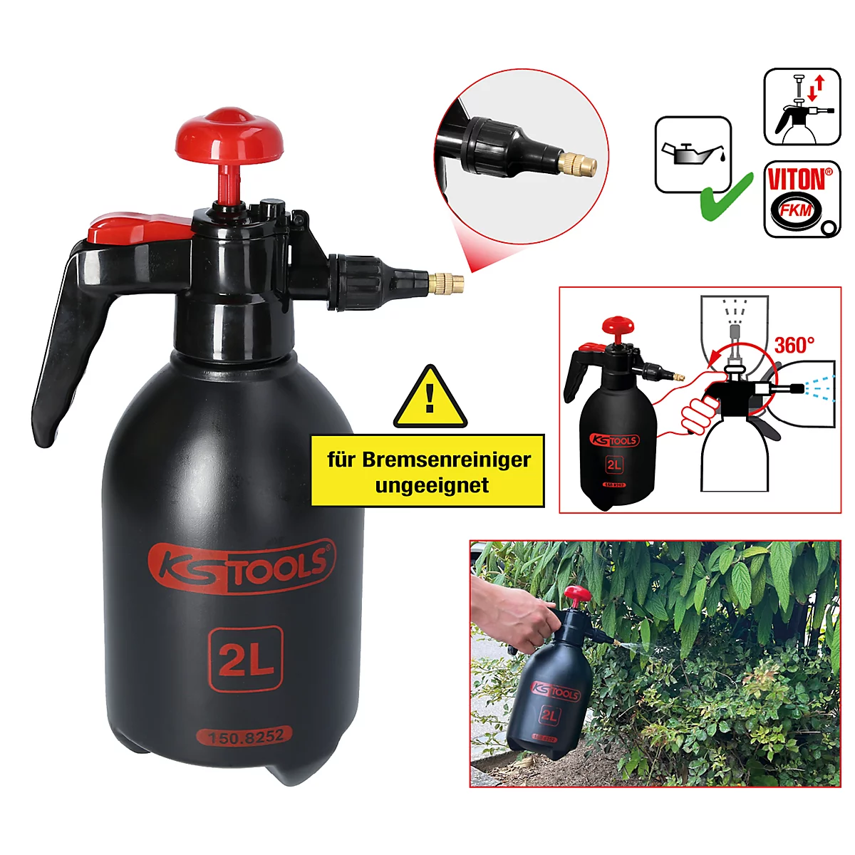 Schwarze 2L Sprühflasche mit rotem Pumpkopf. Achtung: Nicht für Bremsenreiniger geeignet.
