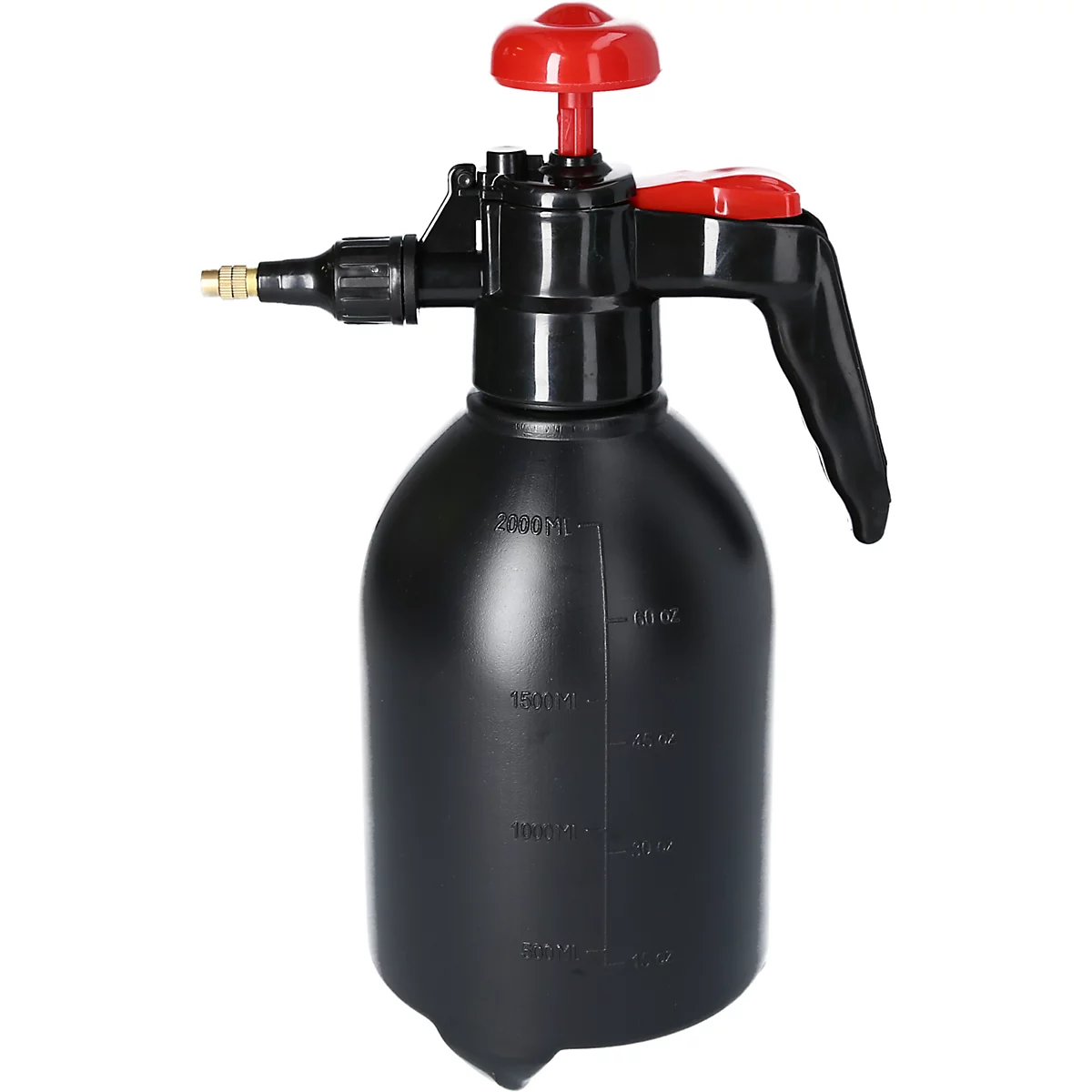 Schwarze Sprühflasche mit rotem Griff und Knopf. Skalierung für Volumen auf der Seite.