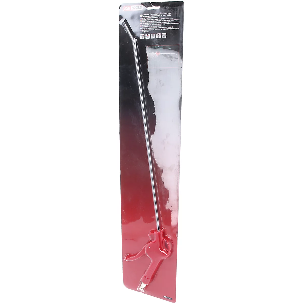 Langstielige rote Druckluftpistole in transparenter Verpackung.