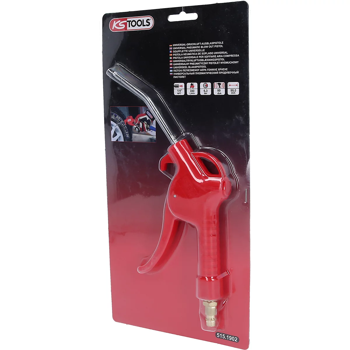 Rote Ausblaspistole in Blisterverpackung. Auf der Verpackung stehen Produktinformationen, oben links das Logo "KS TOOLS".