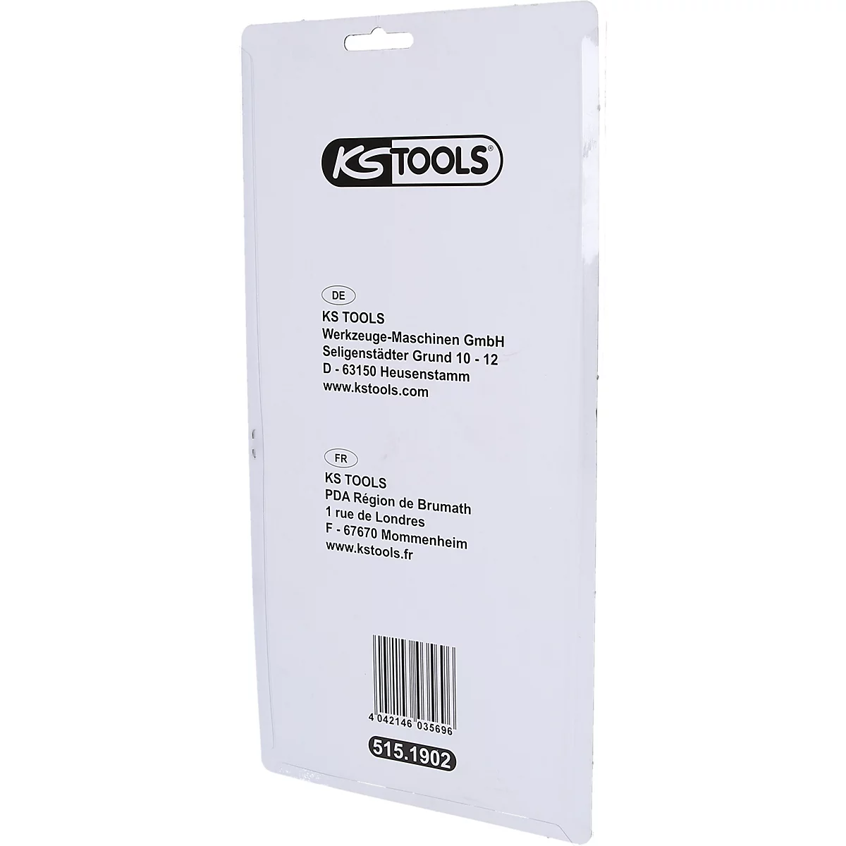 Weißes Produkt mit schwarzem Logo von KS TOOLS und Textinformationen auf Deutsch und Französisch, sowie einer Artikelnummer.